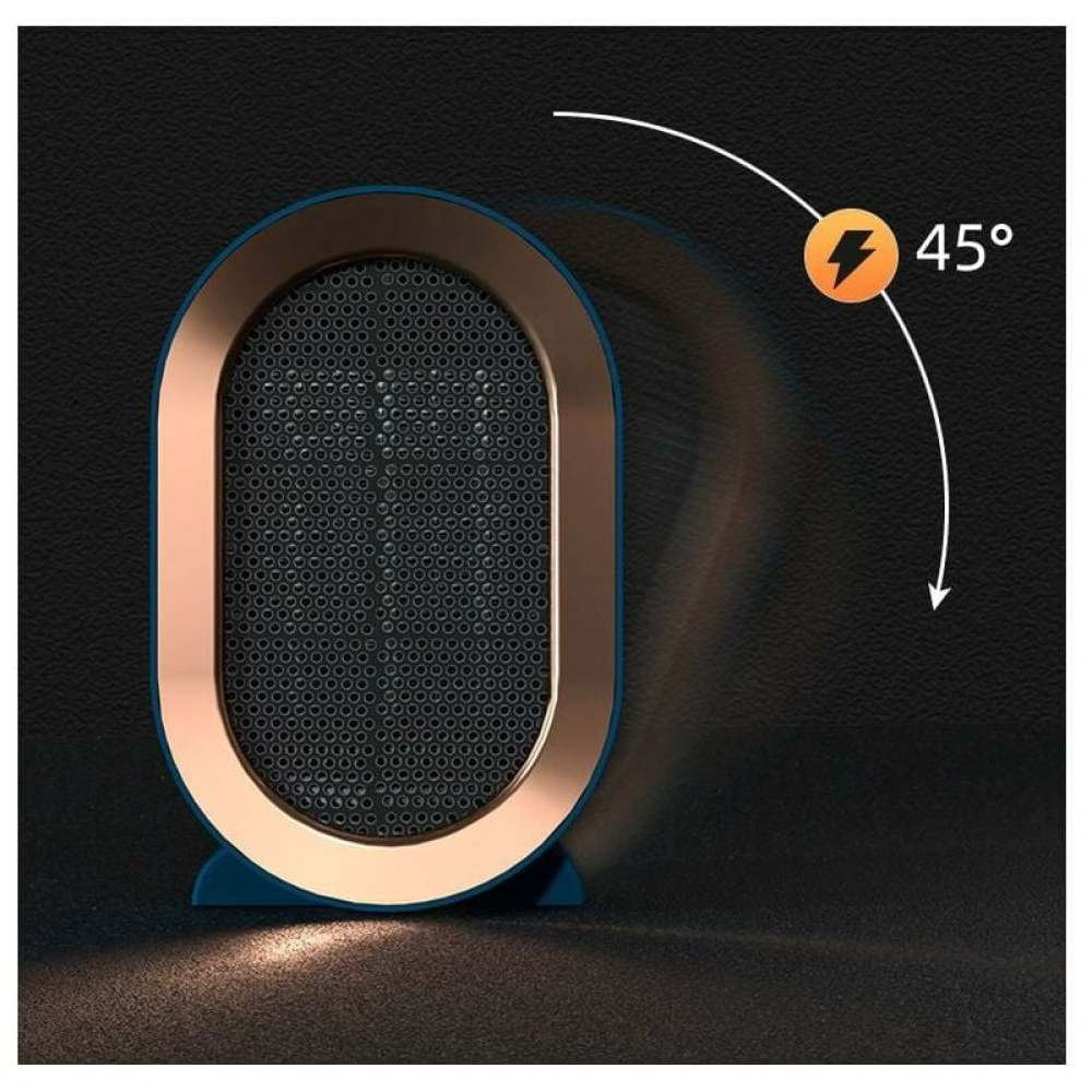 Ein elektrischer Heizlüfter mit 45-Grad-Winkeleinstellung, Metallgitter und blau-goldenem Rahmen auf dunkler Oberfläche.