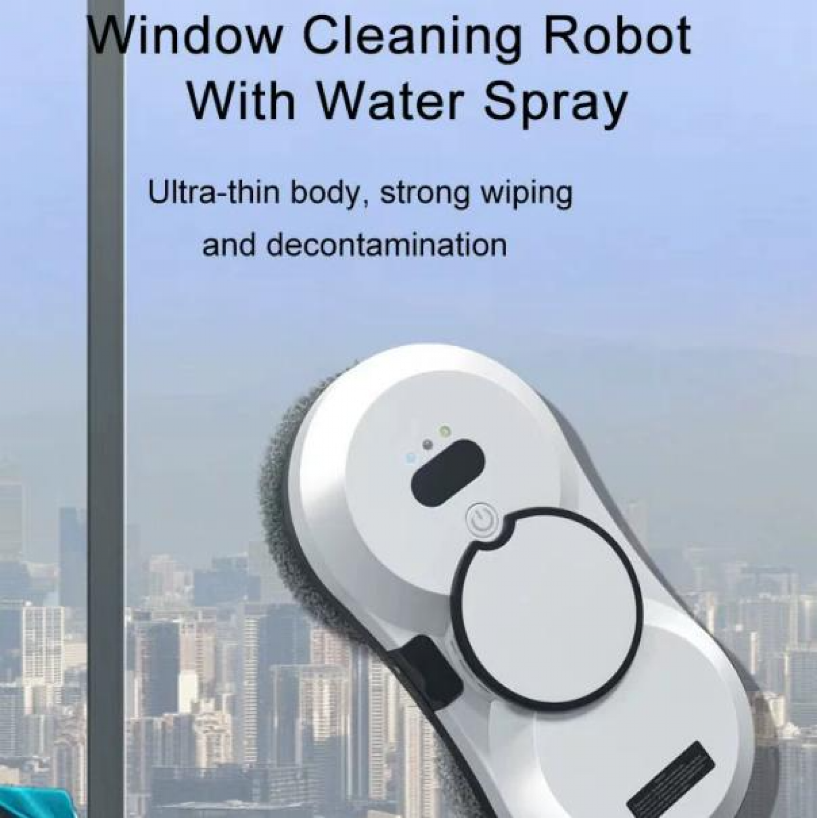 Ein Fensterreinigungsroboter mit Wasserspray reinigt ein Fenster. Im Hintergrund sind Stadtgebäude zu sehen.