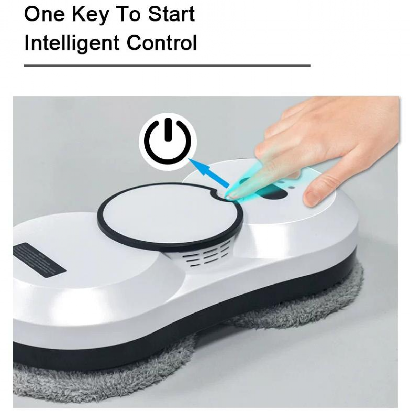 Eine Hand berührt den Einschaltknopf eines weißen und schwarzen Reinigungsroboters. Text: One Key To Start Intelligent Control.