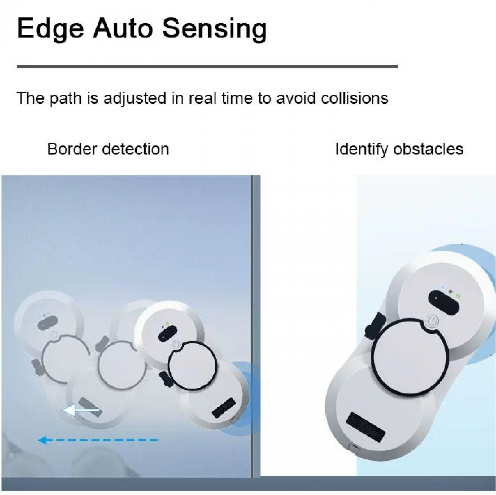 Das Bild zeigt einen Fensterputzroboter mit Text über automatische Erkennung und Hinderniserkennung. Es zeigt den Weg des Roboters.