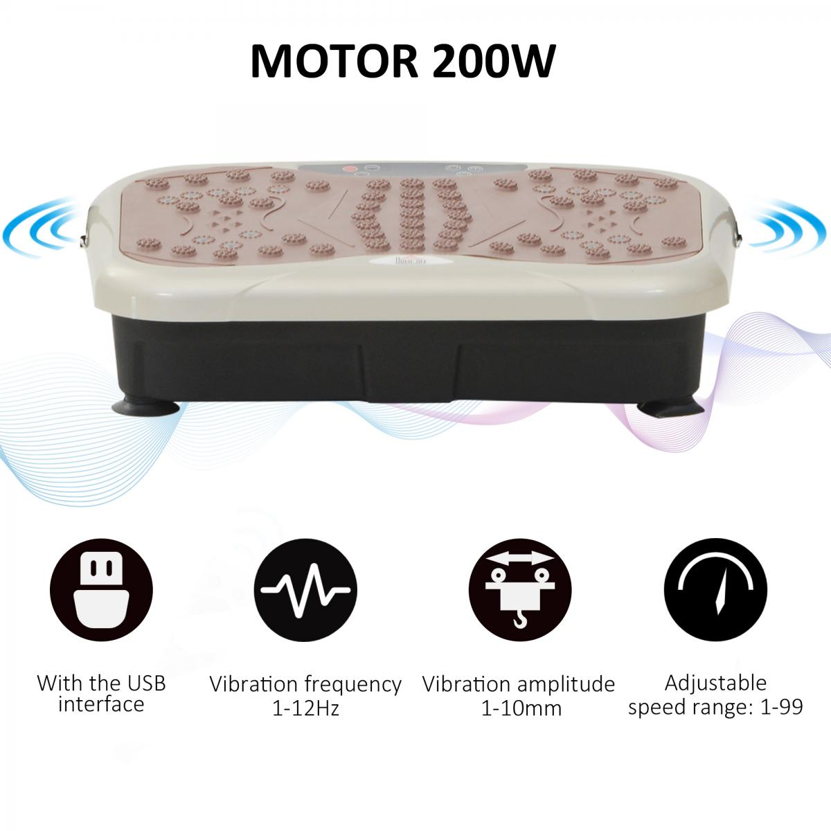 Eine beige und schwarze Vibrationsplatte mit Steuertasten. Der Text enthält 'MOTOR 200W' und Symbole für USB, Frequenz, Amplitude und Geschwindigkeit.
