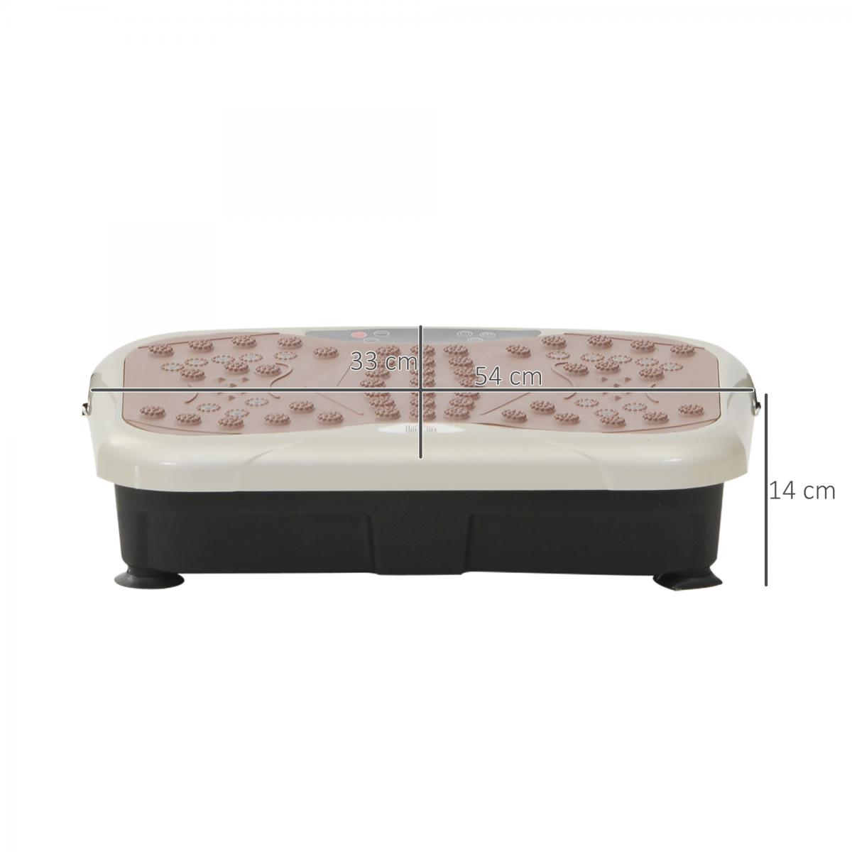 Eine Vibrationsplatte mit den angegebenen Abmessungen: 33 cm, 54 cm und 14 cm. Sie hat eine beige Oberseite mit braunen Punkten, einen weißen Rahmen und eine schwarze Basis.