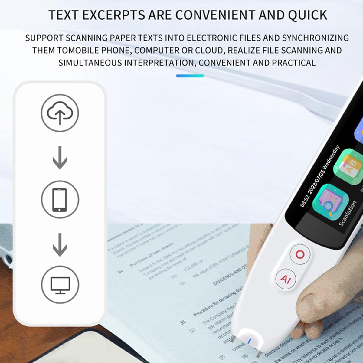 Ein weißer Scannerstift scannt Text auf einem Papier, mit Symbolen von Cloud, Telefon und Computer links und einem Bildschirm rechts.