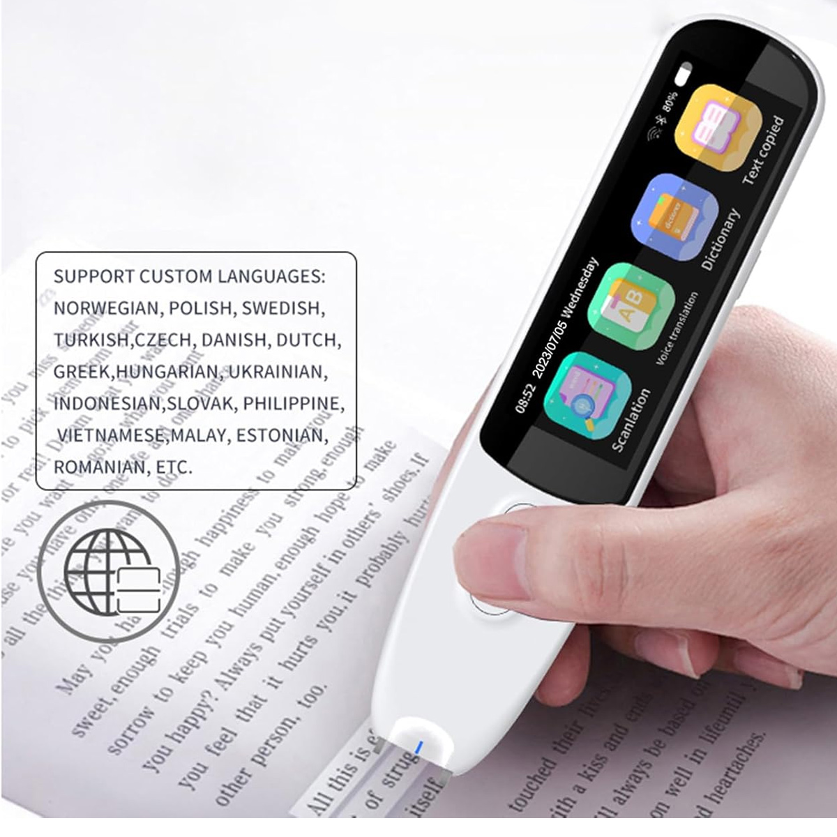 Ein weißer Scannerstift scannt Text auf Papier. Ein Bildschirm zeigt Sprachoptionen und Funktionssymbole.