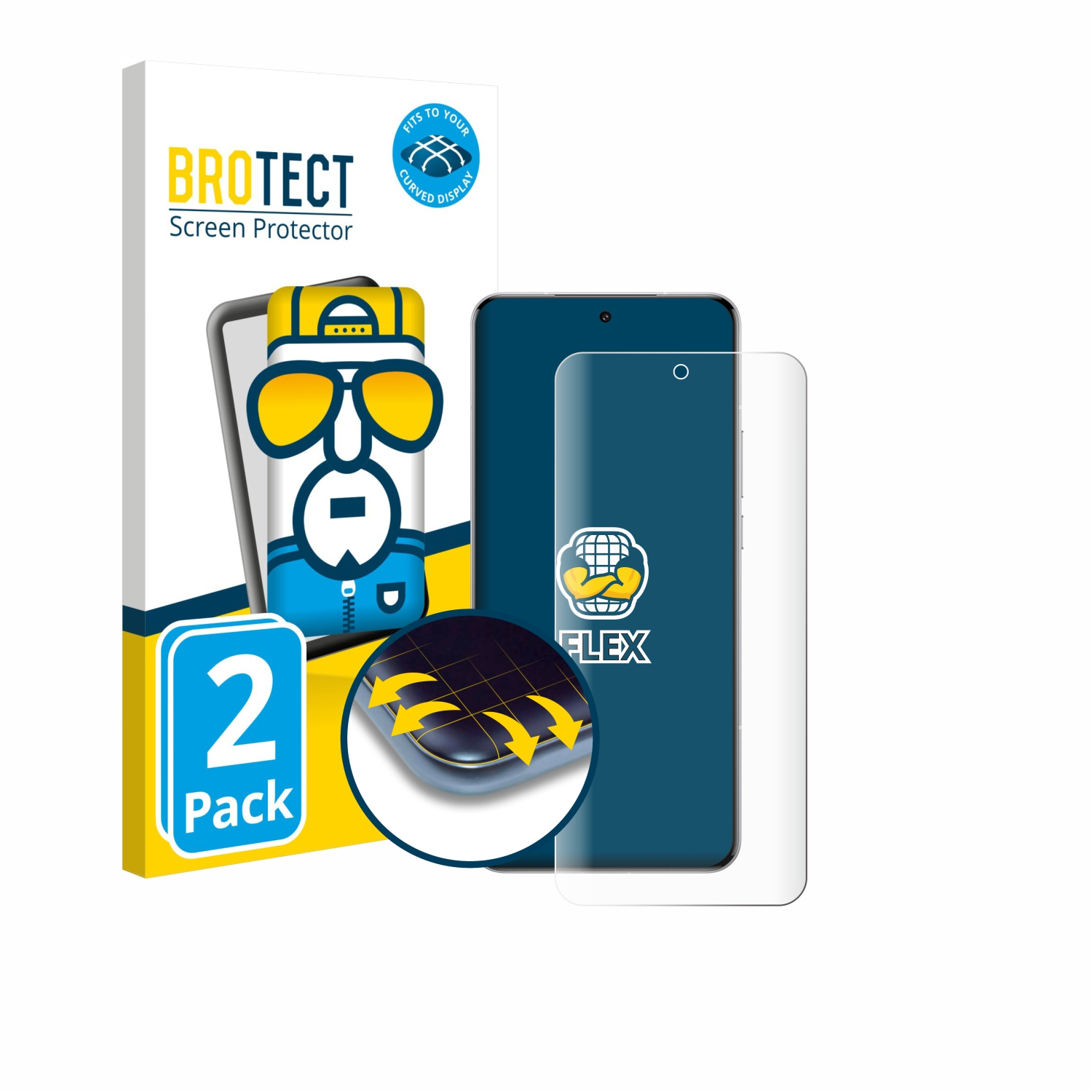 Eine Displayschutzfolienbox mit einem Telefon und einer Displayschutzfolie. Die Box zeigt eine Cartoonfigur und die Worte 'BROTECT Screen Protector'.