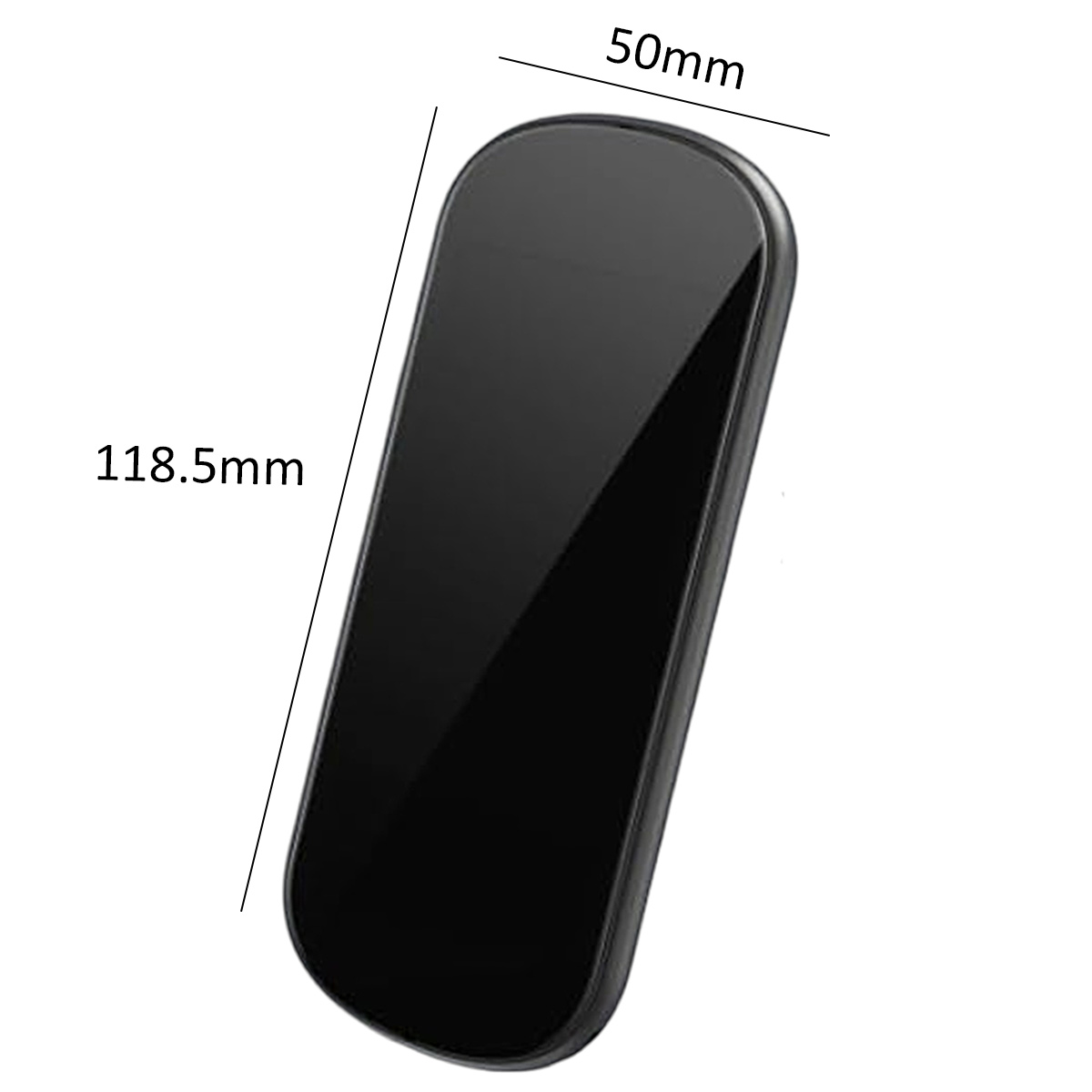 Schwarzes, rechteckiges Telefonzubehör. Abmessungen: 50 mm breit, 118,5 mm lang. Glänzende Oberfläche mit abgerundeten Kanten.