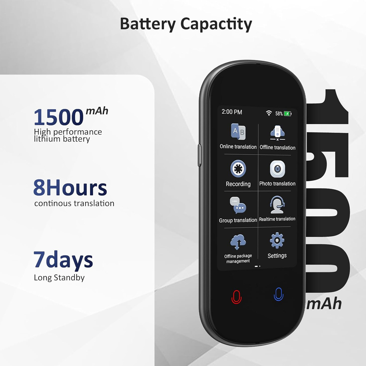 Das Bild zeigt ein schwarzes Übersetzergerät mit einem Bildschirm, der verschiedene Funktionen und Batteriekapazität anzeigt.