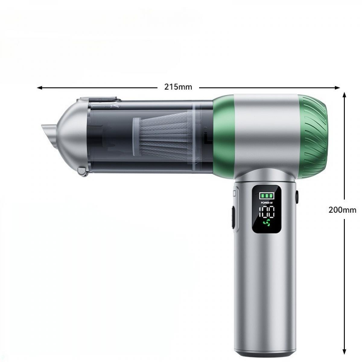Ein silberner und grüner Handstaubsauger mit einem LCD-Bildschirm, der 100 % Leistung anzeigt. Abmessungen: 215 mm x 200 mm.