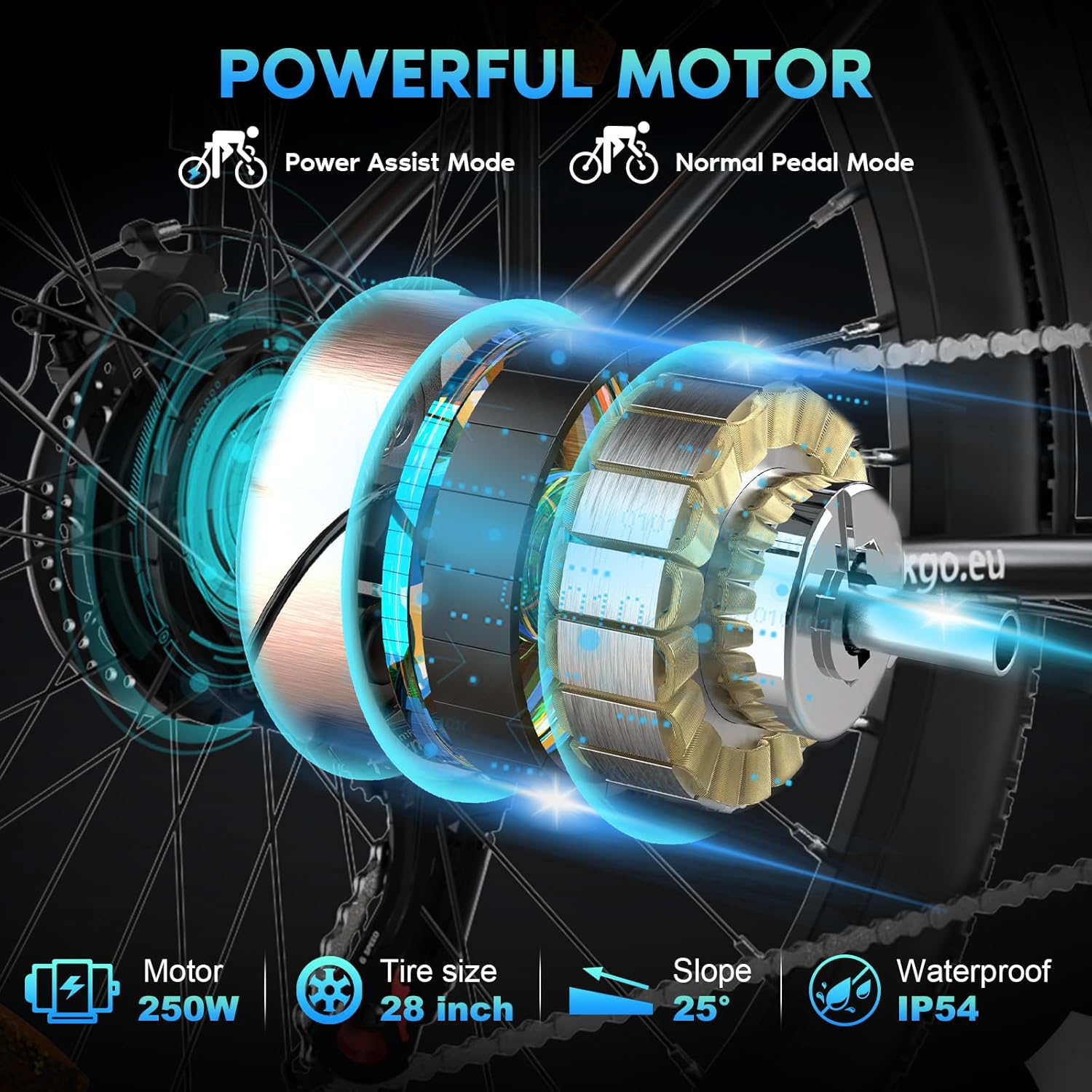 Ein Elektromotor für Fahrräder mit Spezifikationen: 250W Motor, 28-Zoll-Reifengröße, 25-Grad-Steigung und IP54-Wasserdichtigkeit.