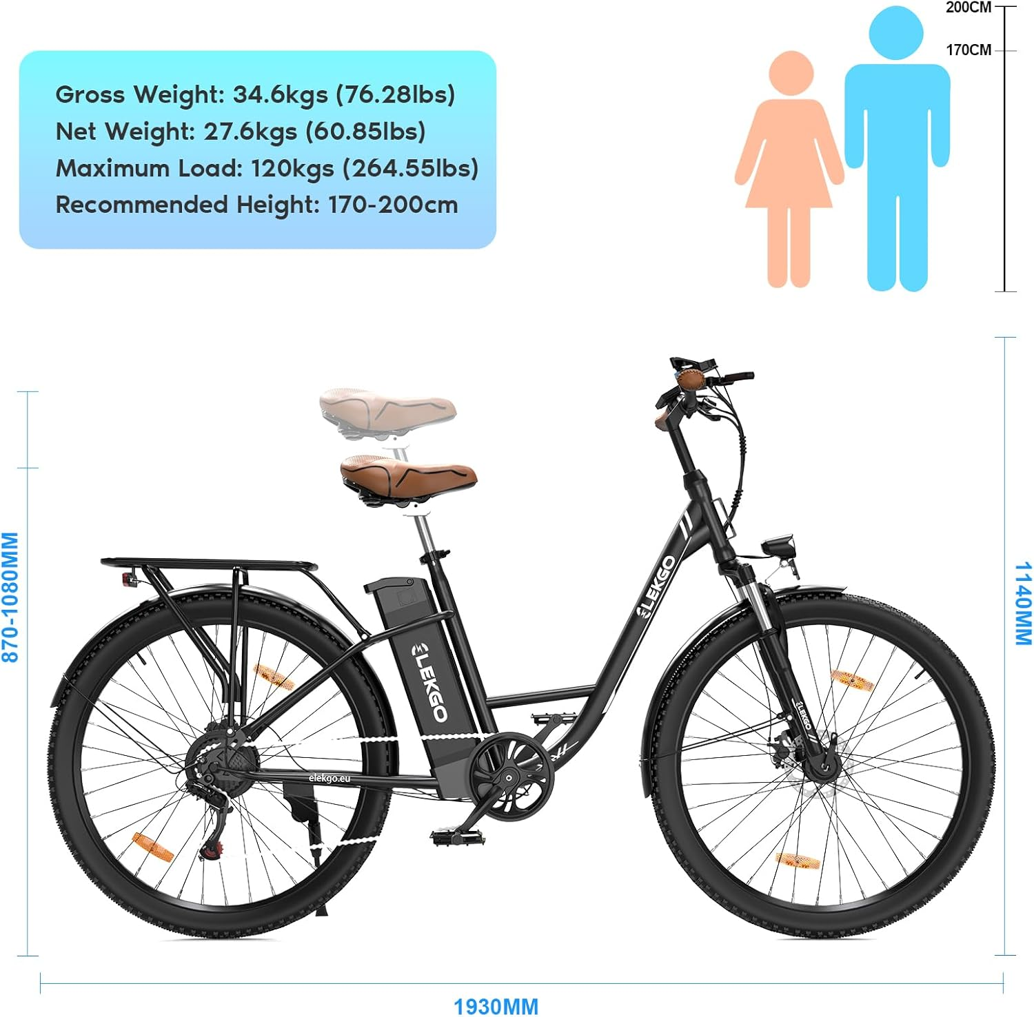 Ein Elektrofahrrad mit Spezifikationen und Größenangaben. Eine männliche und weibliche Figur zeigen den Höhenbereich an.