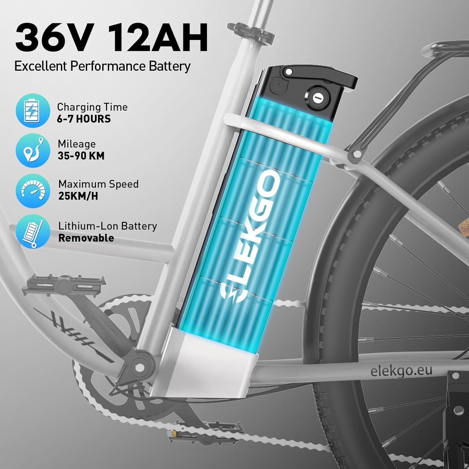 Ein E-Bike mit blauem Akku mit der Aufschrift 'LEKGO'. Zeigt Spezifikationen: 36V 12AH, Ladezeit 6-7 Stunden, Reichweite 35-90 km, max. Geschwindigkeit 25 km/h.