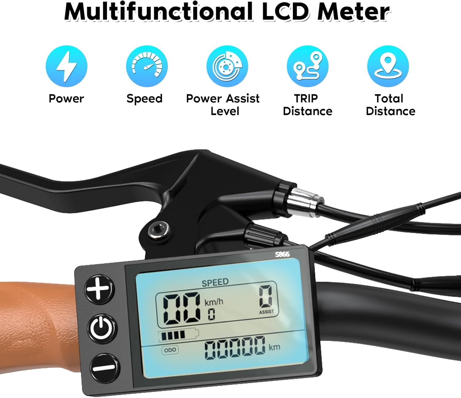 Ein E-Bike-Lenker mit einem Display, das Geschwindigkeit, Entfernung und Batteriestand anzeigt. Symbole für Leistung, Geschwindigkeit und andere Funktionen sind oben.