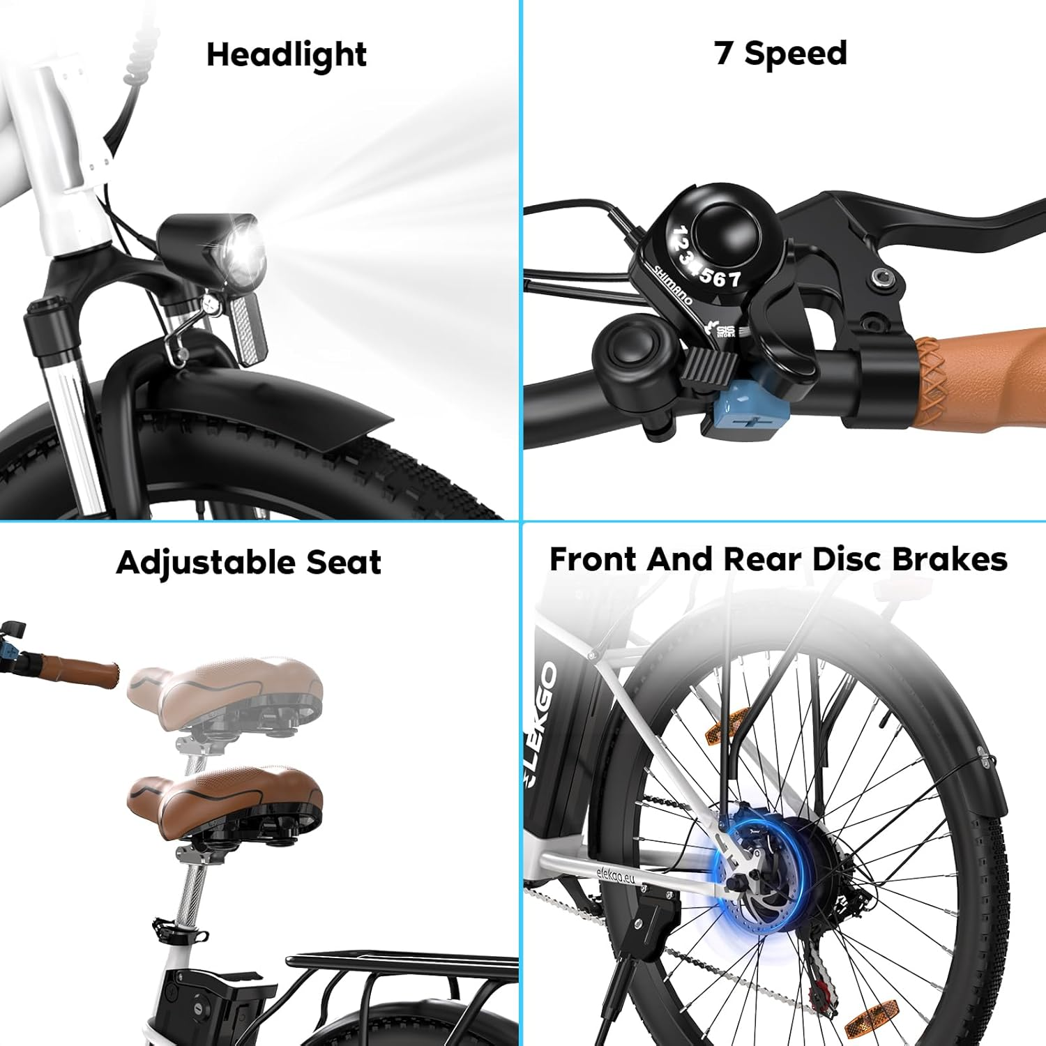 Ein Elektrofahrrad mit Scheinwerfer, 7-Gang, verstellbarem Sitz und Scheibenbremsen vorne/hinten. Sichtbare Teile sind der Shimano-Gangschalter.