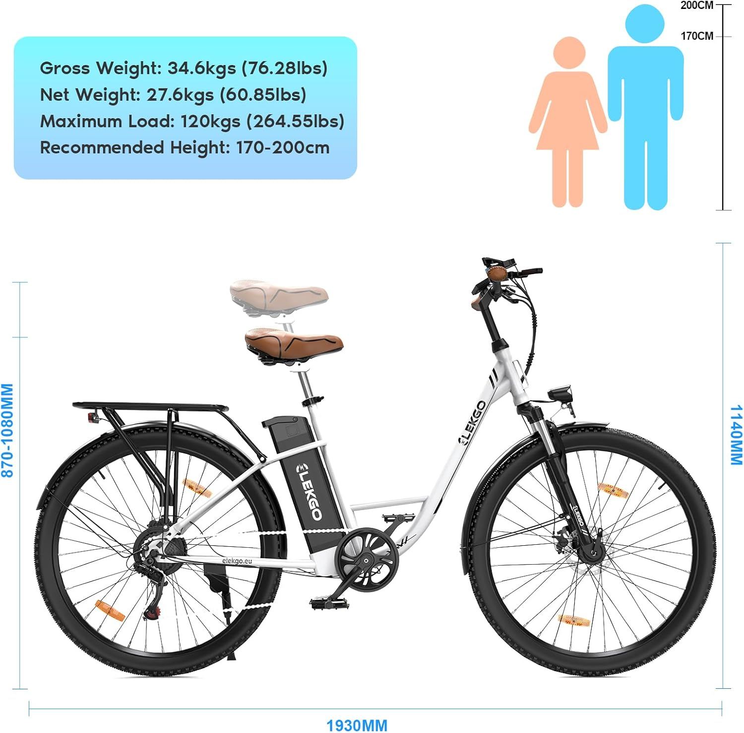 Ein Elektrofahrrad mit Spezifikationen, Abmessungen und einer Höhenführung. Enthält Figuren einer Frau und eines Mannes als Höhenreferenz.