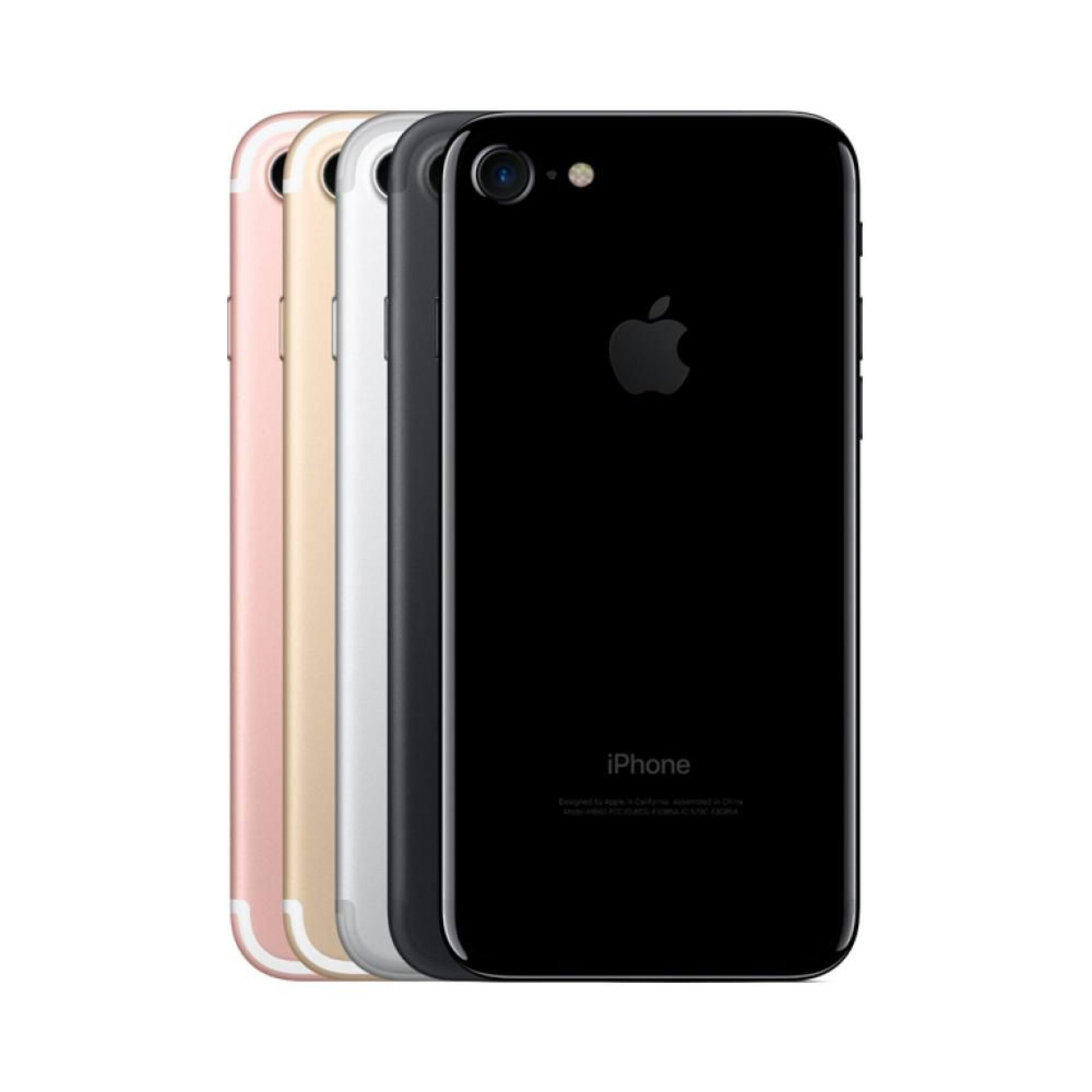 Vier iPhone 7s in Roségold, Gold, Silber und Schwarz. Jedes Telefon hat eine Kamera und das Apple-Logo auf der Rückseite.