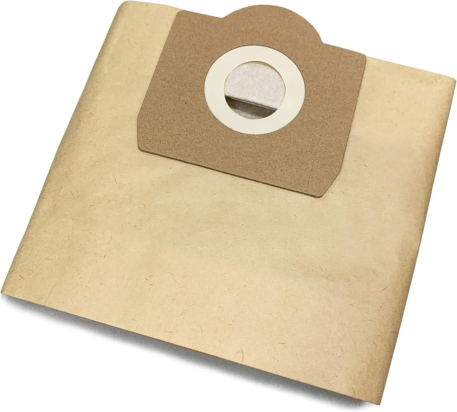 Ein neuer, unbenutzter beigefarbener Staubsaugerbeutel mit braunem Kartondeckel. Ein weißer Kreis befindet sich in der Mitte.