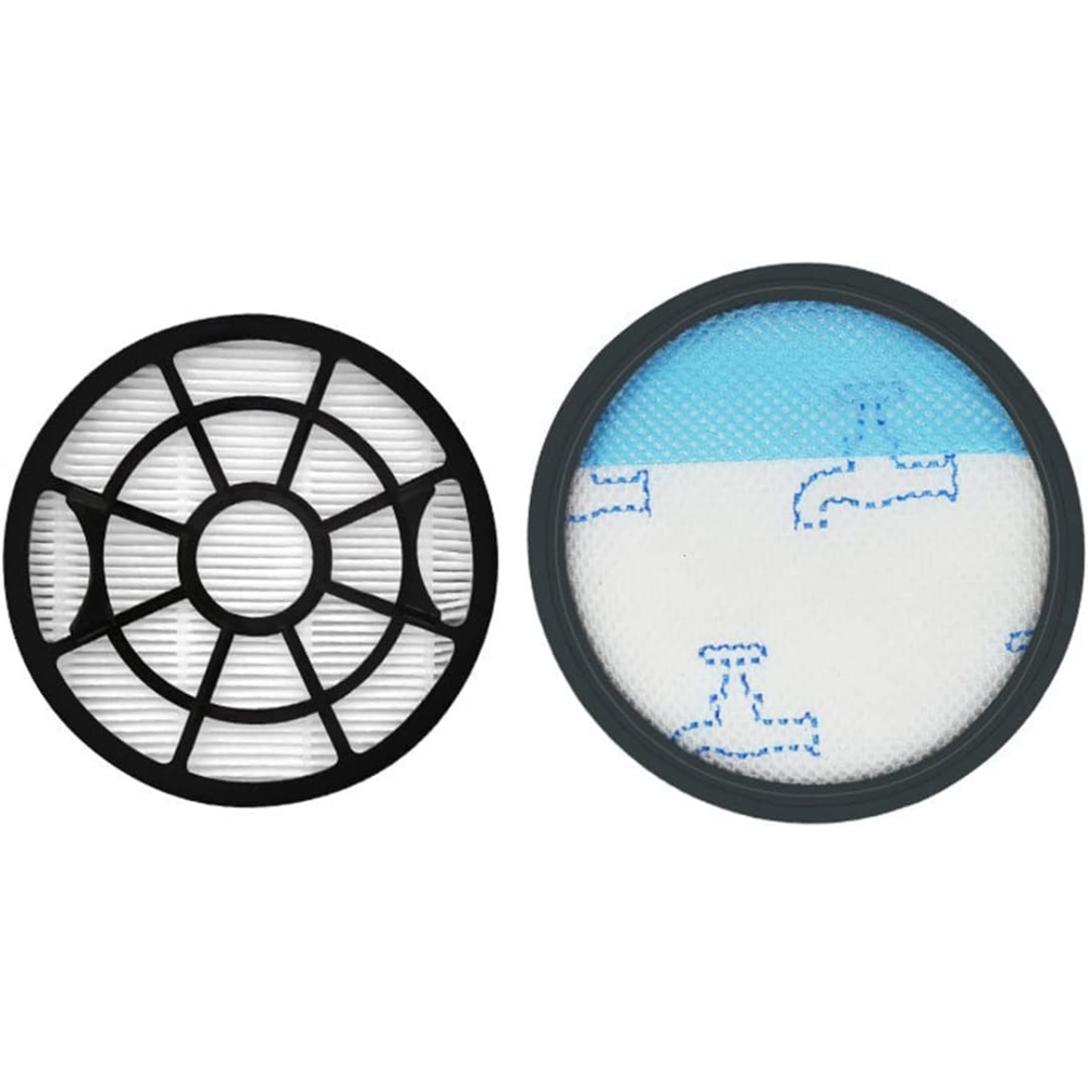 Zwei runde Staubsaugerfilter. Einer schwarz-weiß, der andere mit blau-weißen Schichten in einem schwarzen Rahmen.