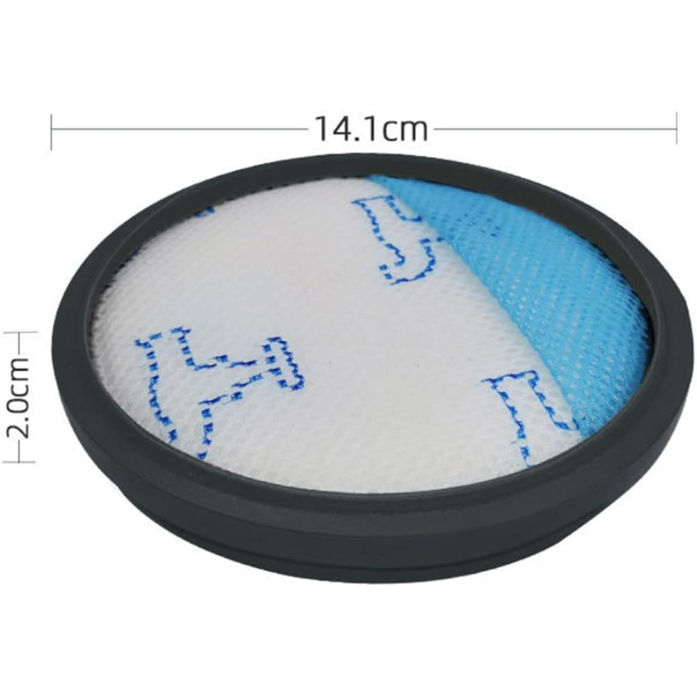 Runder Staubsaugerfilter. Er hat weißes und blaues Netz innerhalb eines dunkelgrauen Rands. Abmessungen: 14,1 cm breit und 2,0 cm hoch.