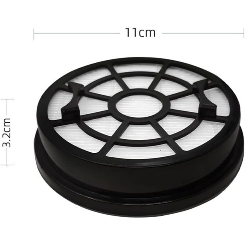 Ein schwarzer runder Filter mit weißem Innenraum. Oben hat er ein Rastermuster. Abmessungen: 11 cm Durchmesser, 3,2 cm Höhe.