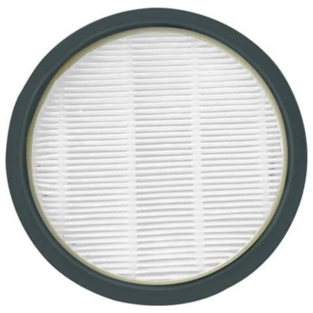 Runder Luftfilter mit weißem, plissiertem Filtermedium und dunkelgrauem Rahmen. Ein hellgelber Ring trennt Filter vom Rahmen.