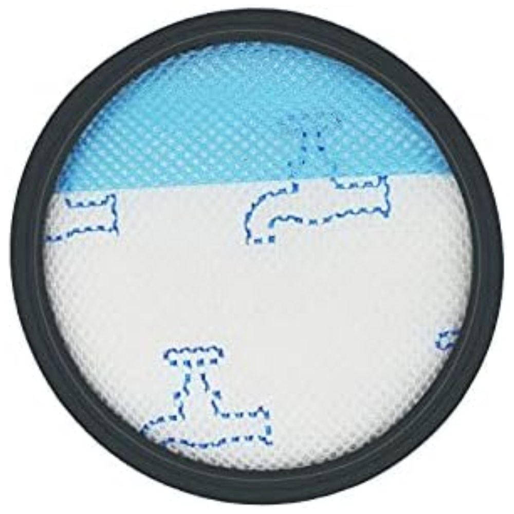 Runder Staubsaugerfilter. Er hat einen schwarzen Rahmen, einen weißen Filter mit blauem Muster und eine blaue Netzoberseite.
