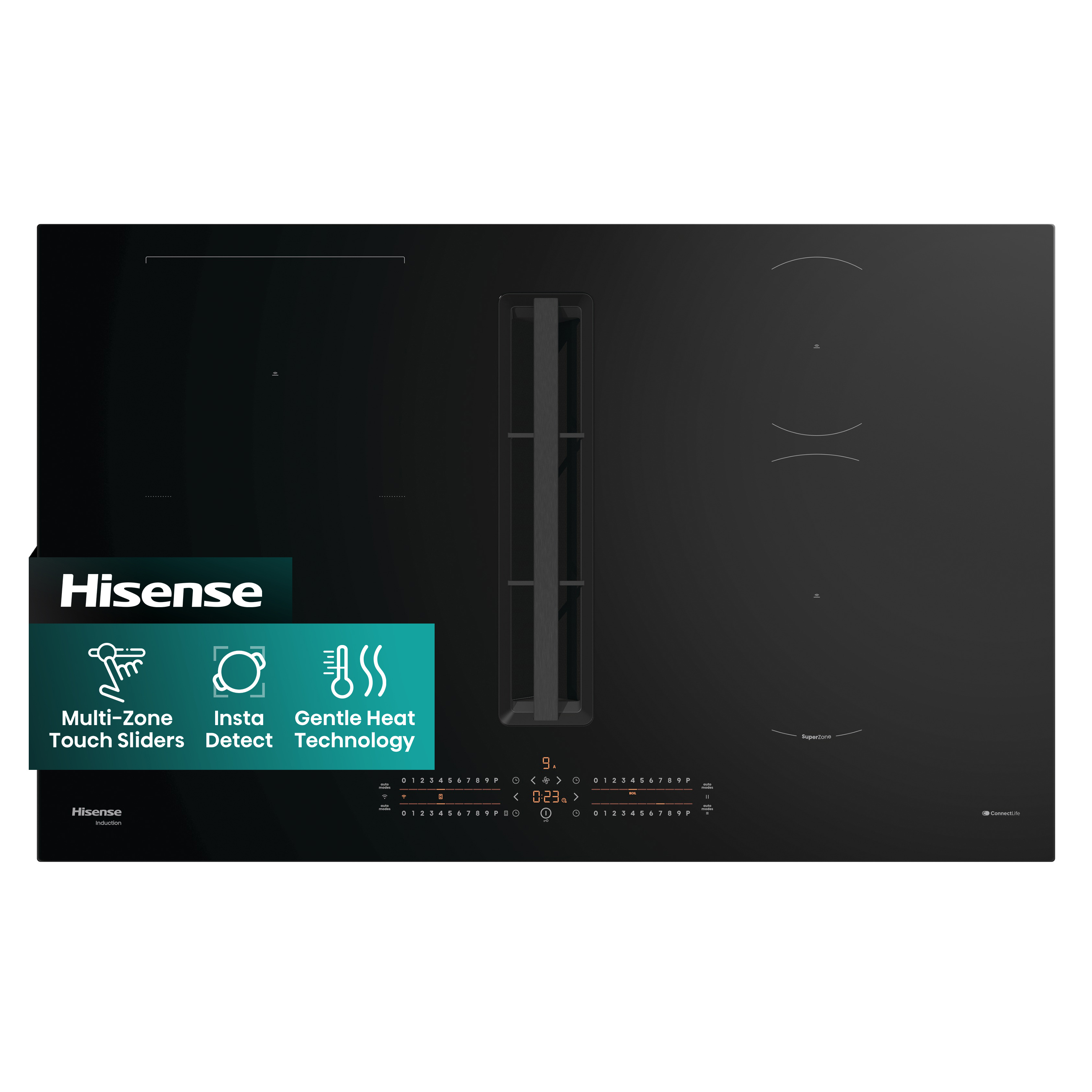 Piano cottura a induzione Hisense nero con cursori a sfioramento, Insta Detect, Gentle Heat Technology e ventola integrata.