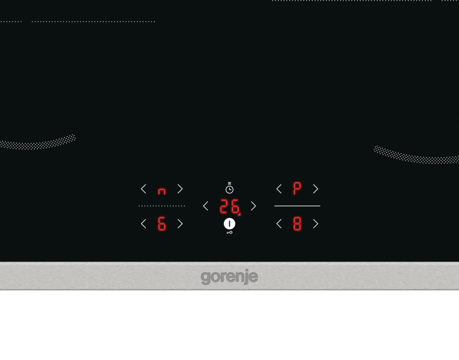 Ein schwarzes Gorenje-Induktionskochfeld mit digitaler Anzeige, die Einstellungen und Timer anzeigt. Die Oberfläche hat Touch-Bedienelemente.