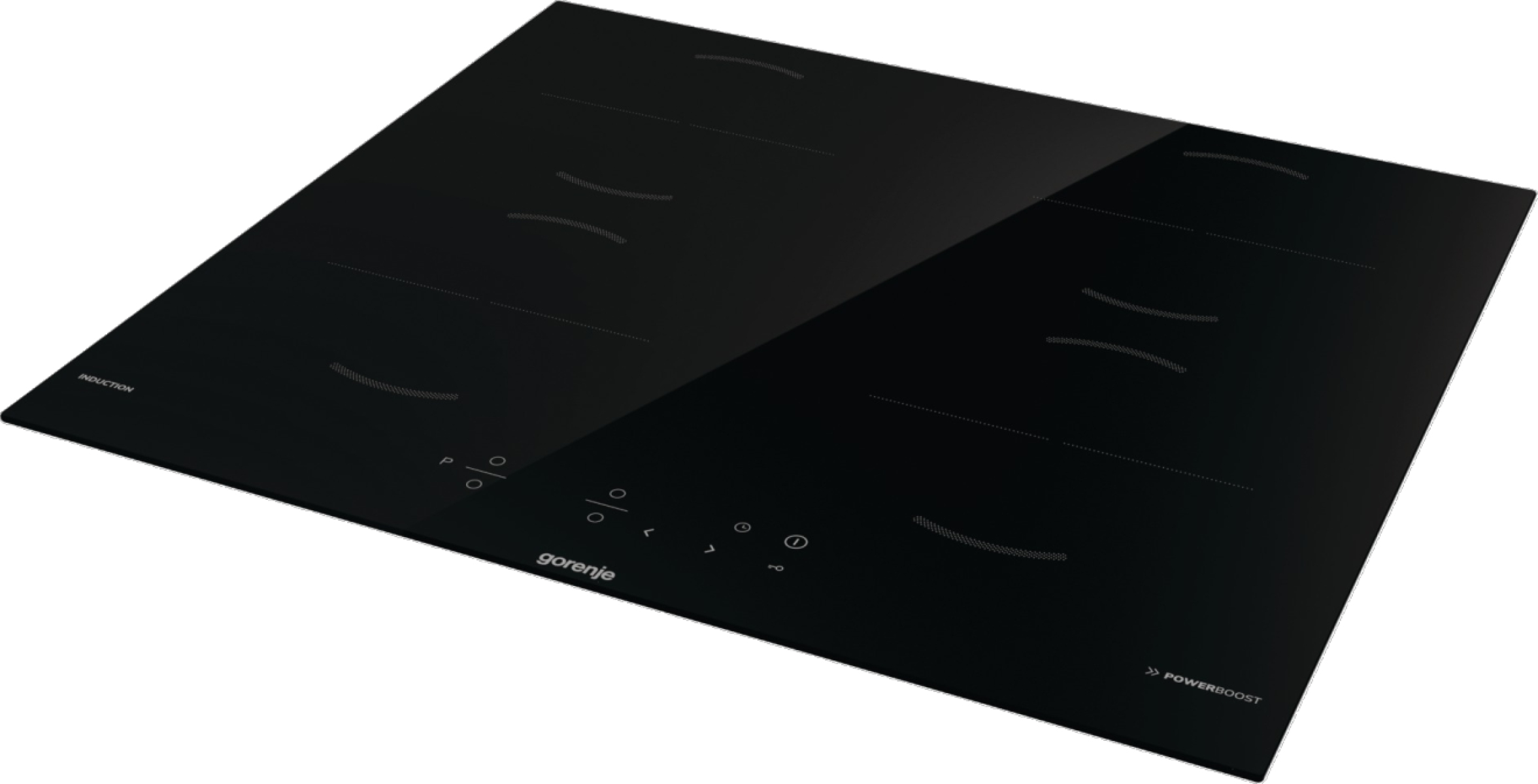 Un piano cottura a induzione nero, vista angolata. Ha controlli touch e contorni dei bruciatori. Il marchio "gorenje" è visibile.