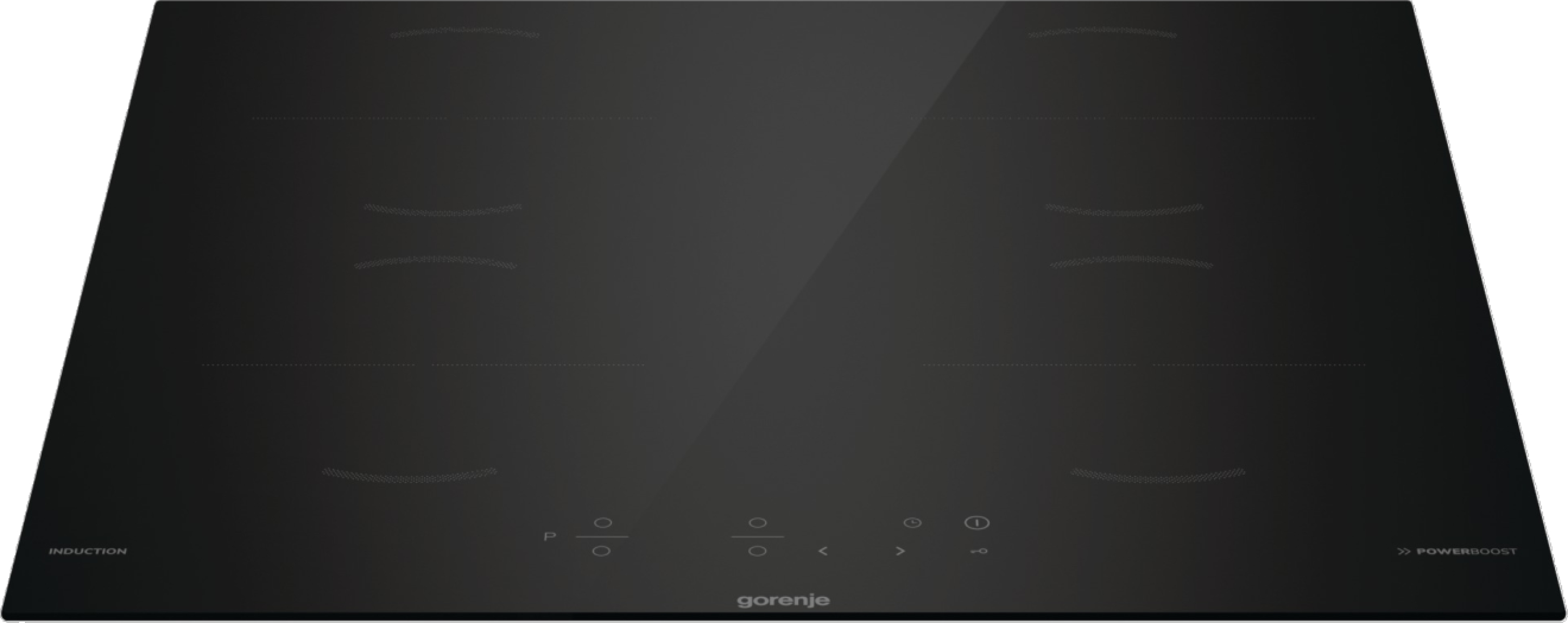 Un piano cottura a induzione Gorenje nero con quattro zone cottura. Ha comandi touch e funzione PowerBoost.