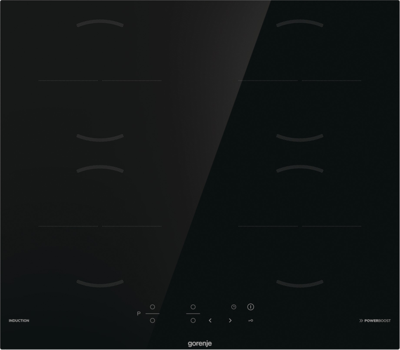 Piano cottura a induzione nero con quattro zone cottura, pannello comandi e marchio Gorenje. Funzione Powerboost.