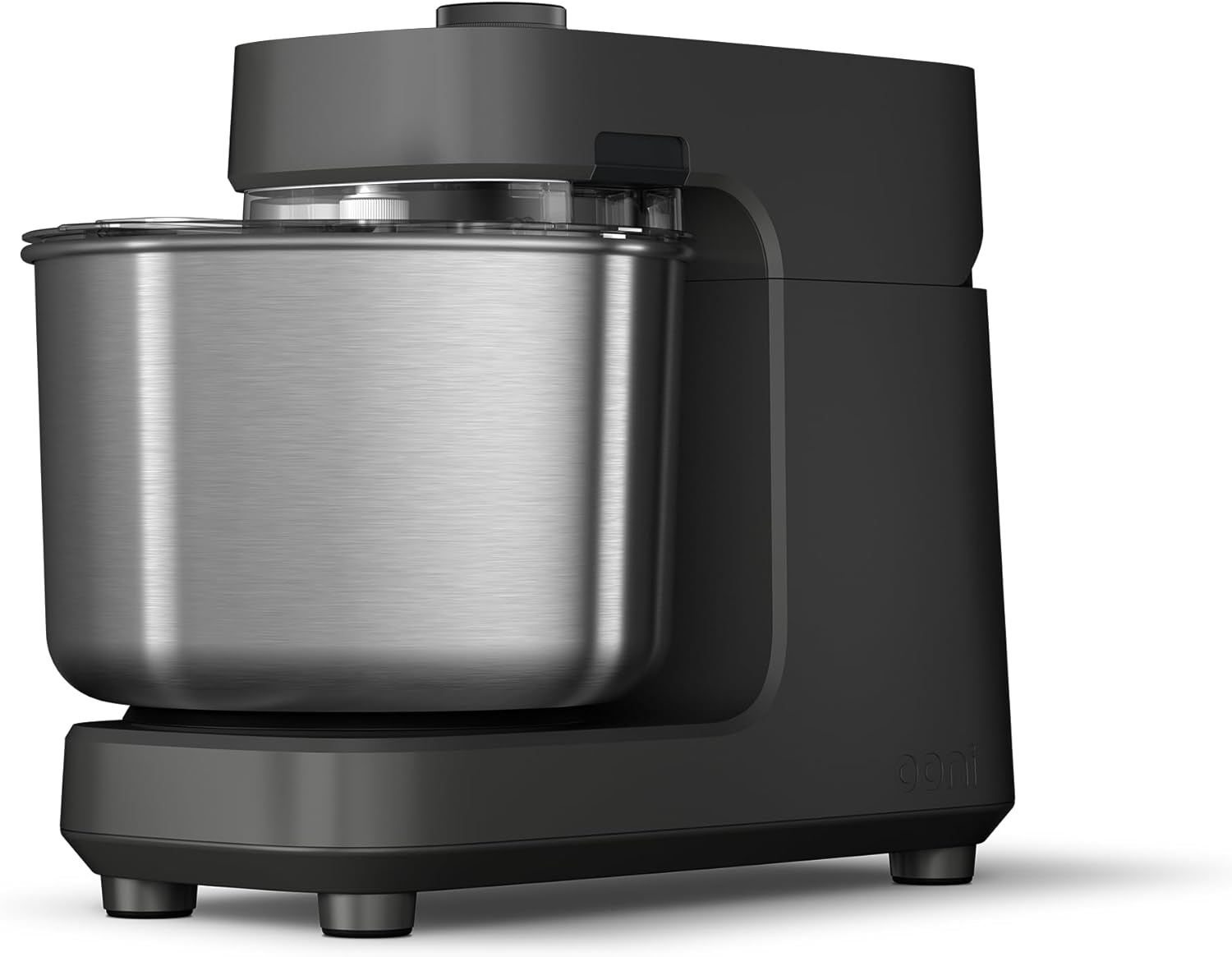 Ein schwarzer und silberner Küchenmixer mit einer Edelstahlschüssel. Der Mixer hat ein schlankes Design und steht vor weißem Hintergrund.