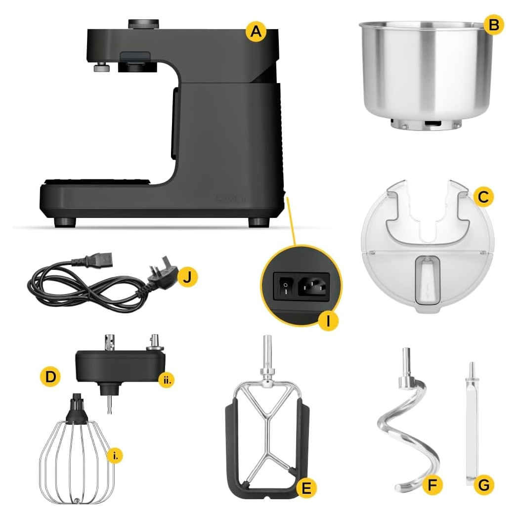 Ein schwarzer Küchenmixer und Zubehör werden gezeigt. Enthält eine Schüssel, einen Spritzschutz, einen Schneebesen, einen Knethaken, einen Rührer und ein Netzkabel.