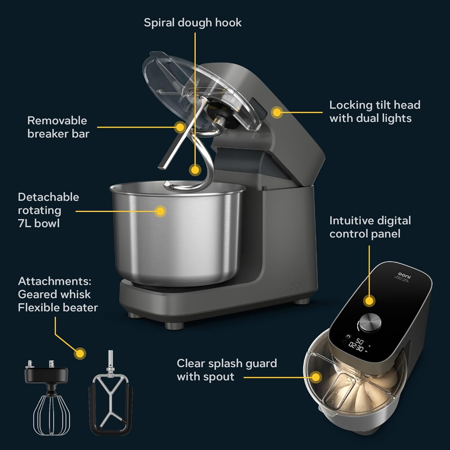 Ein grauer Küchenmixer mit Spritzschutz, Zubehör und Bedienfeld. Er umfasst einen Knethaken und eine rotierende Schüssel.