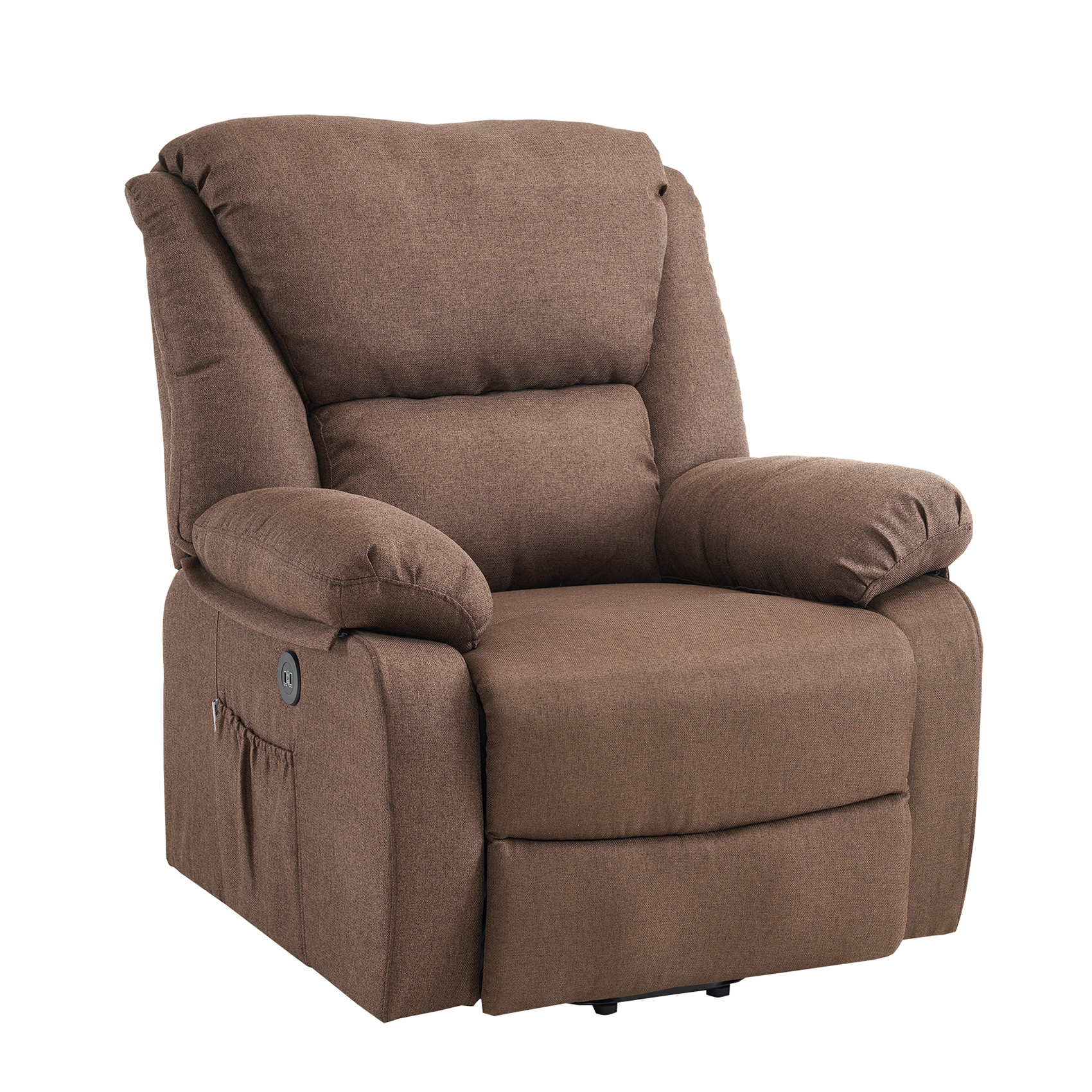 Un sillón reclinable marrón sobre un fondo blanco. Tiene reposacabezas, reposabrazos y un bolsillo lateral.