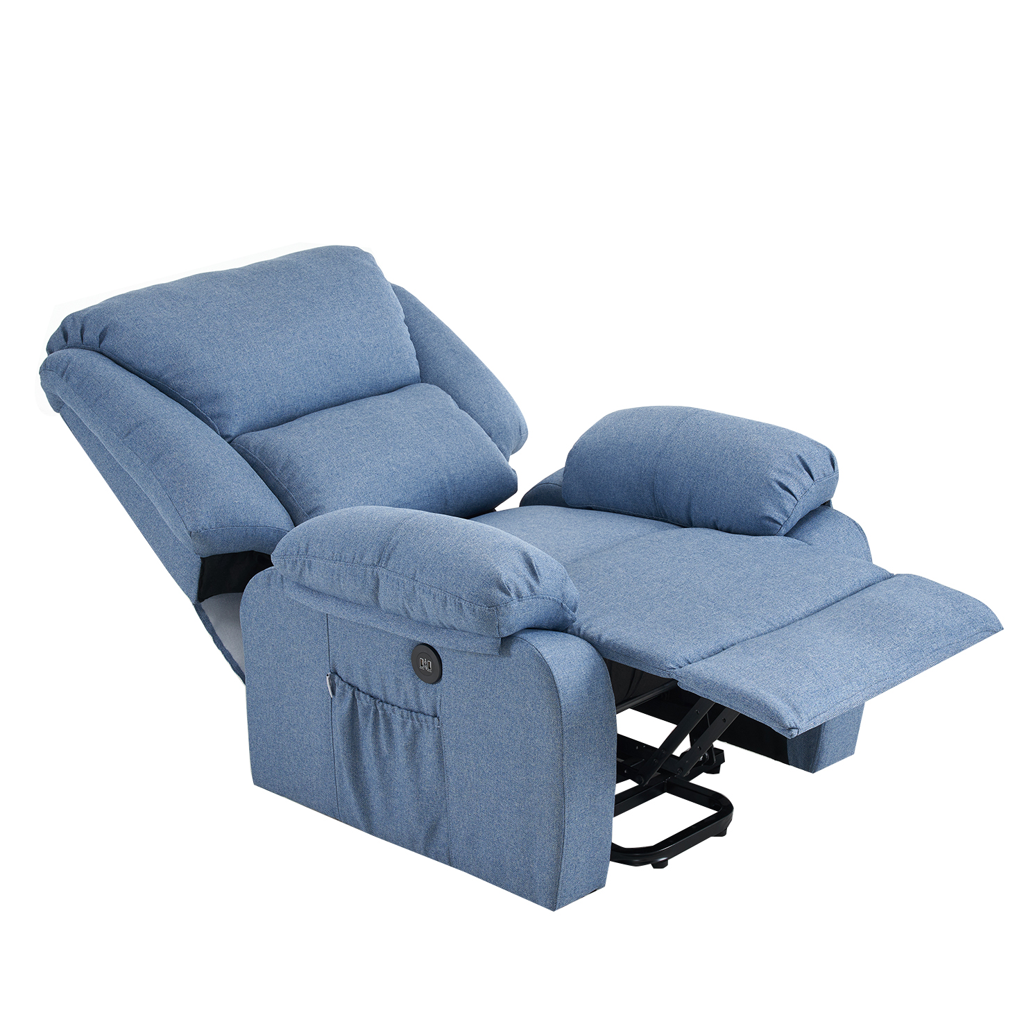 Se muestra una silla reclinable azul. La silla está parcialmente reclinada. El fondo es blanco.