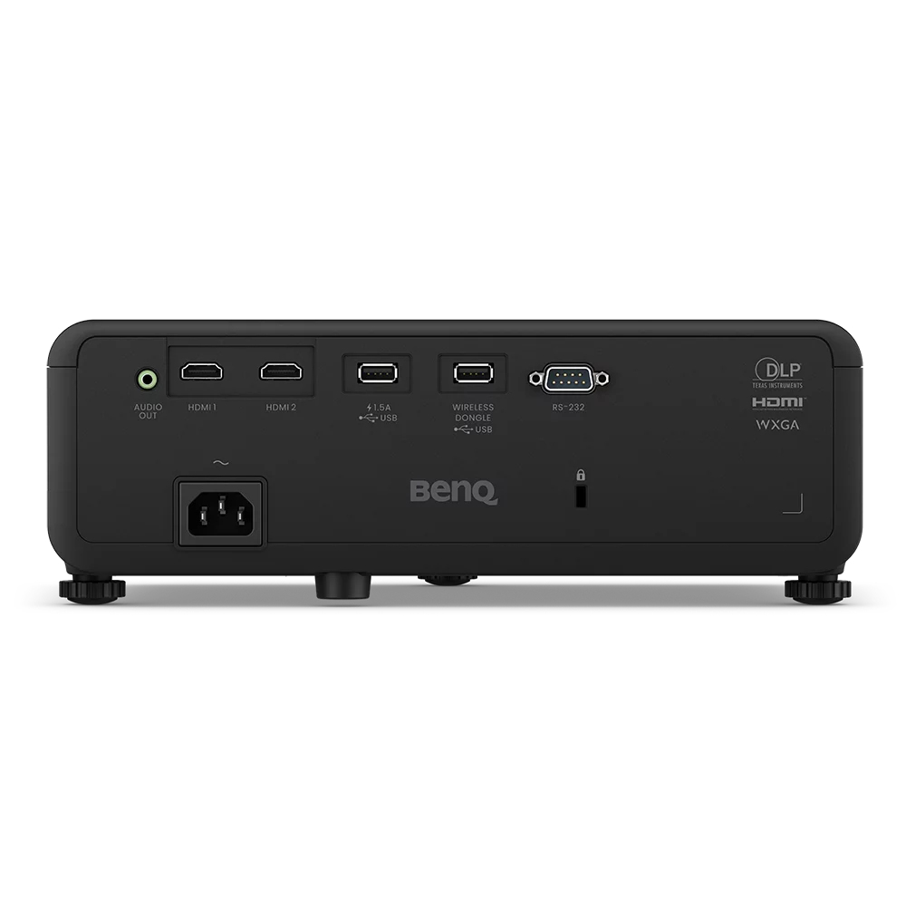 Black BenQ projector back panel with ports: audio, HDMI, USB, RS-232, and power. Features DLP, HDMI, and WXGA logos.