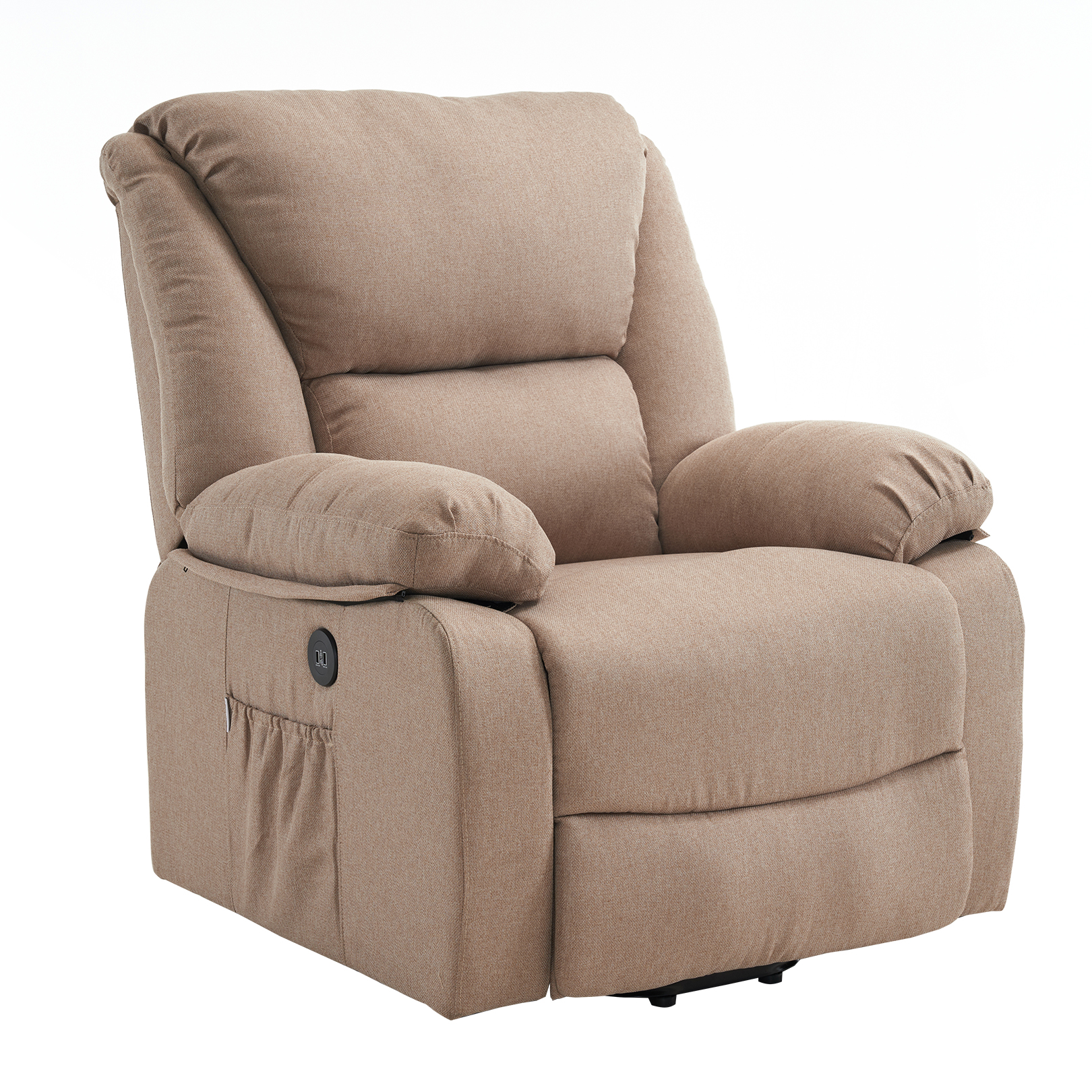 Un sillón reclinable beige con respaldo alto y reposabrazos acolchados sobre un fondo blanco.