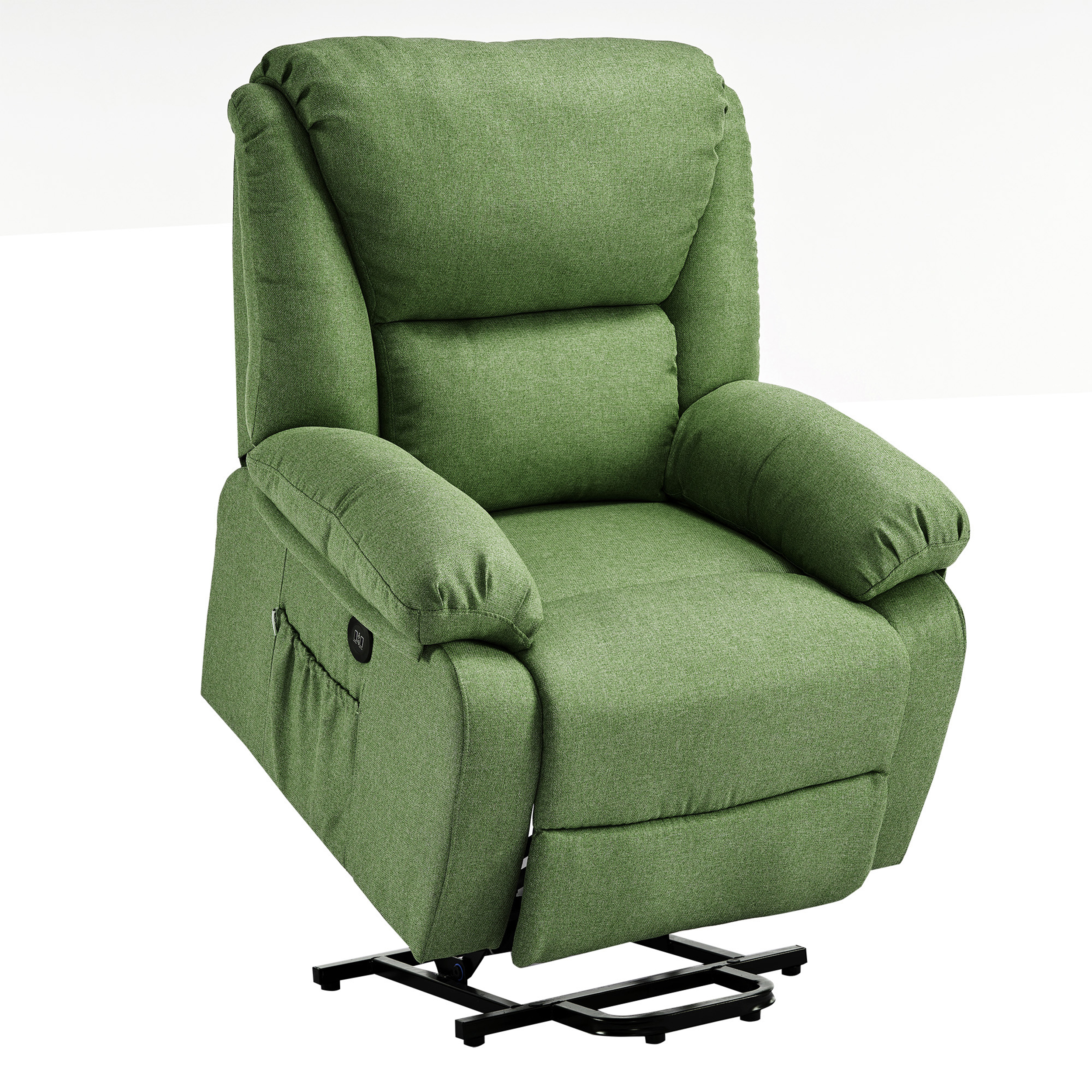 Sillón reclinable verde sobre un fondo blanco. Cuenta con reposabrazos, respaldo y base negra.