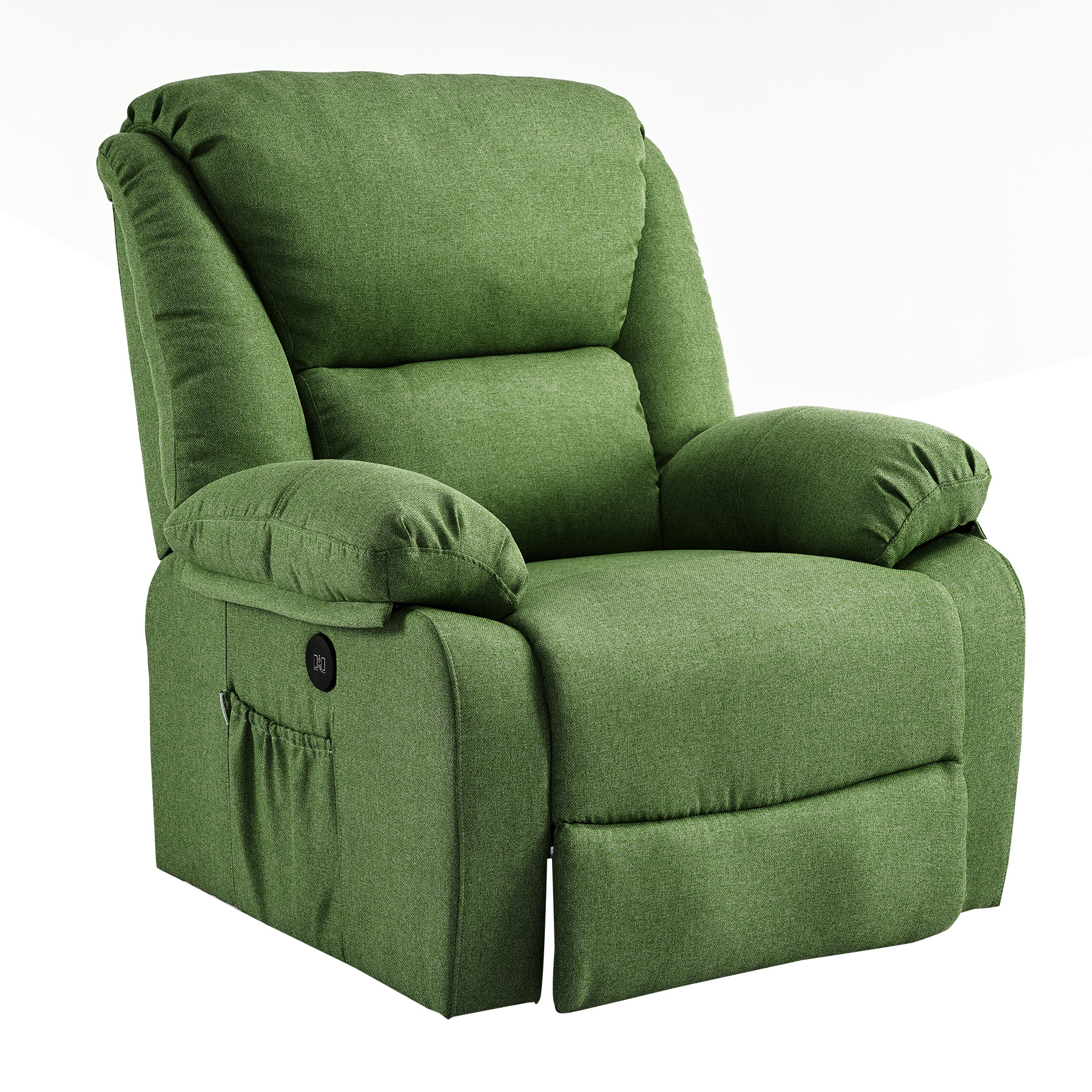 Sillón reclinable verde sobre fondo blanco. Tiene reposacabezas, reposabrazos y un bolsillo lateral.