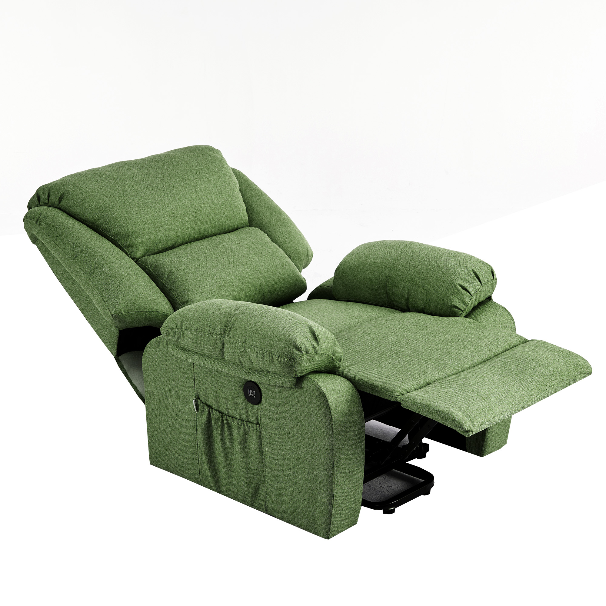 Sillón reclinable verde sobre fondo blanco. Tiene reposacabezas, reposabrazos y reposapiés. La silla está parcialmente reclinada.