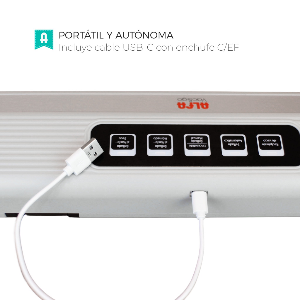 Una envasadora al vacío blanca con un cable USB-C enchufado. Tiene botones para diferentes modos de sellado.