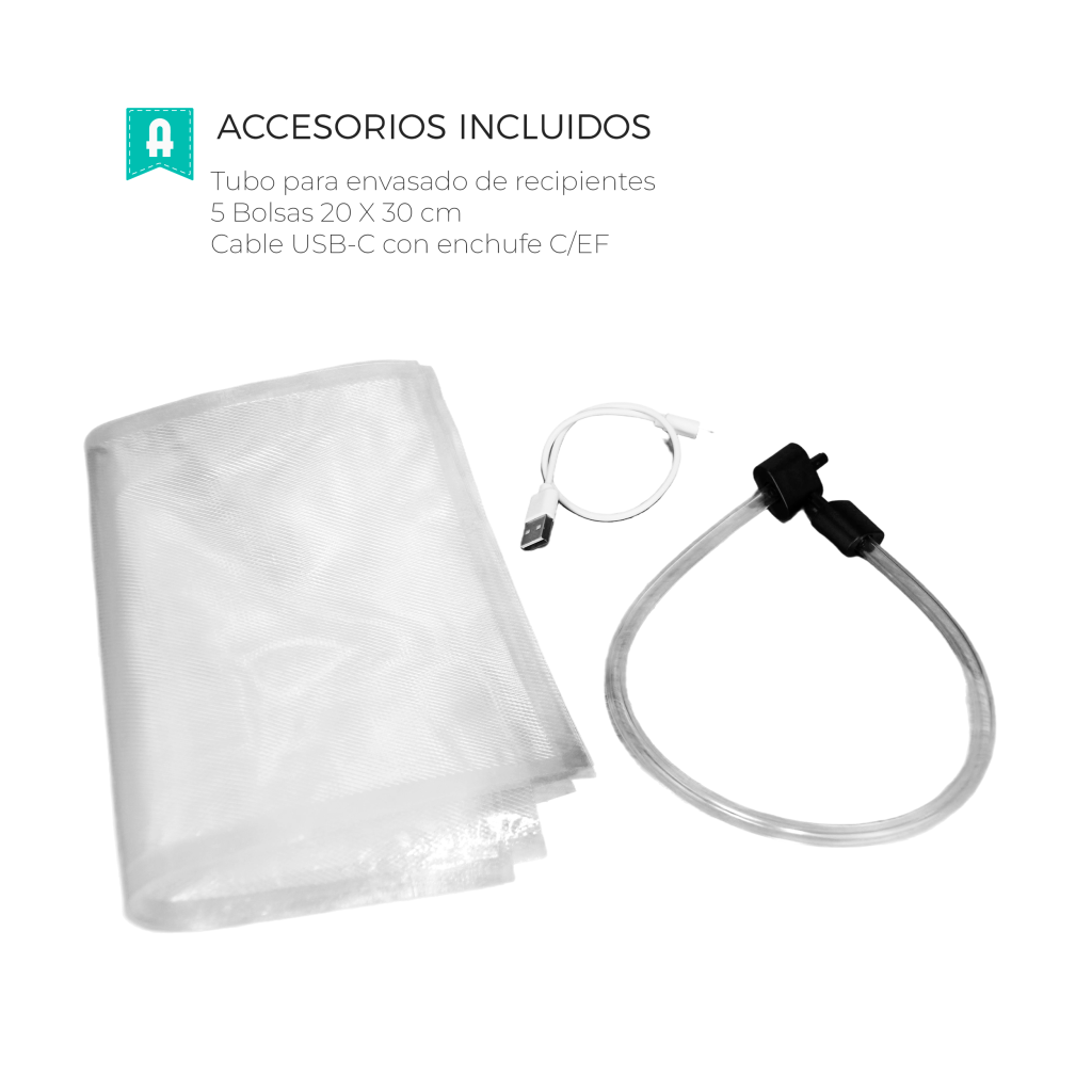 Una imagen muestra accesorios de sellado al vacío: un tubo, bolsas, un cable USB-C y texto en español, incluyendo especificaciones del producto sobre fondo blanco.