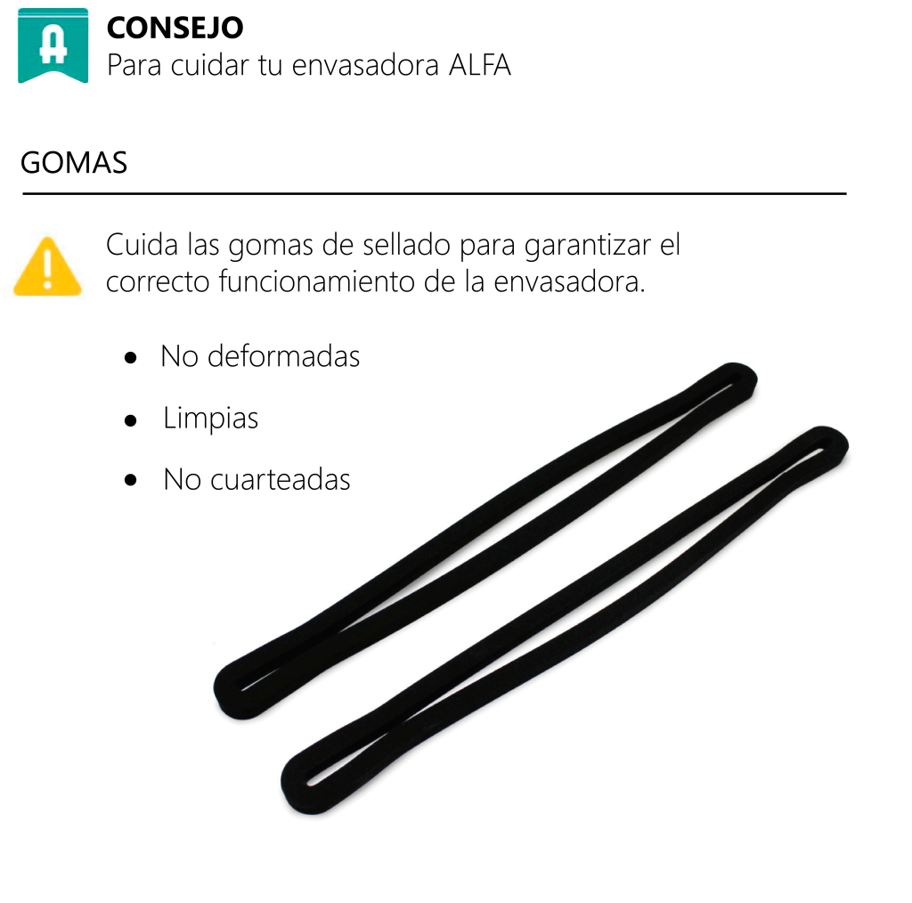 Dos sellos de goma negros sobre fondo blanco. El texto aconseja sobre su mantenimiento para el correcto funcionamiento de una máquina selladora.