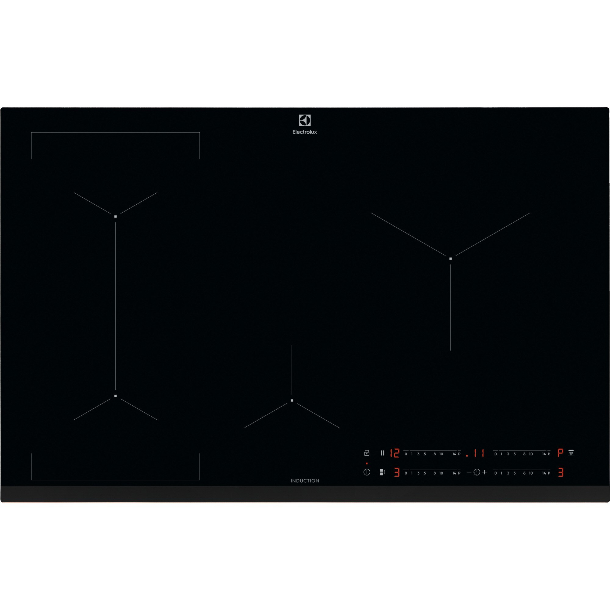Czarna płyta indukcyjna z trzema strefami gotowania, sterowaniem dotykowym i logo Electrolux. Widoczne cyfry i symbole.