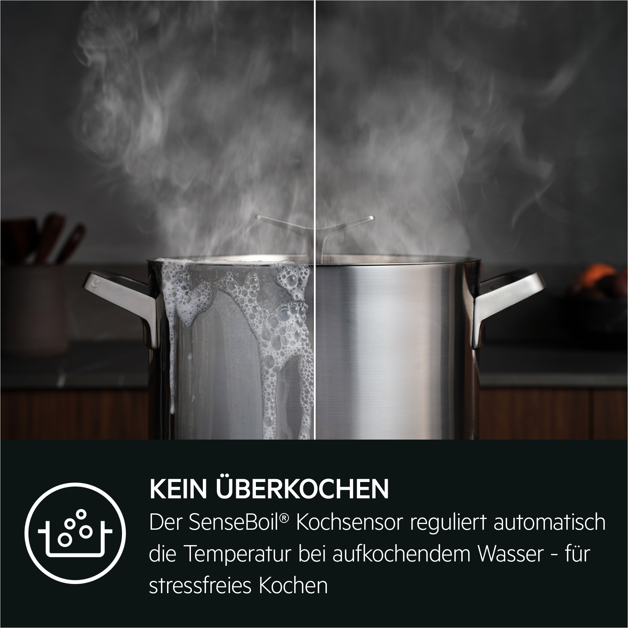 Une casserole en acier inoxydable avec de l'eau bouillante et de la vapeur. Texte : 'pas de surcuisson'. Un capteur régule la température.