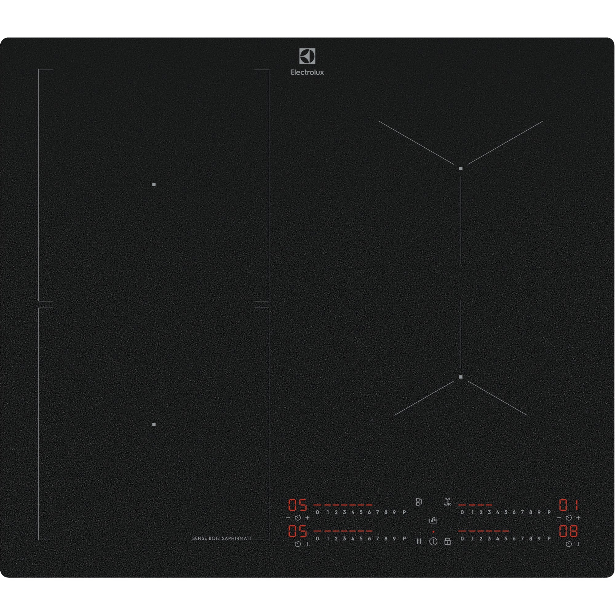 Czarna płyta indukcyjna Electrolux. Widoczne strefy gotowania, elementy sterowania dotykowego i wyświetlacze cyfrowe.