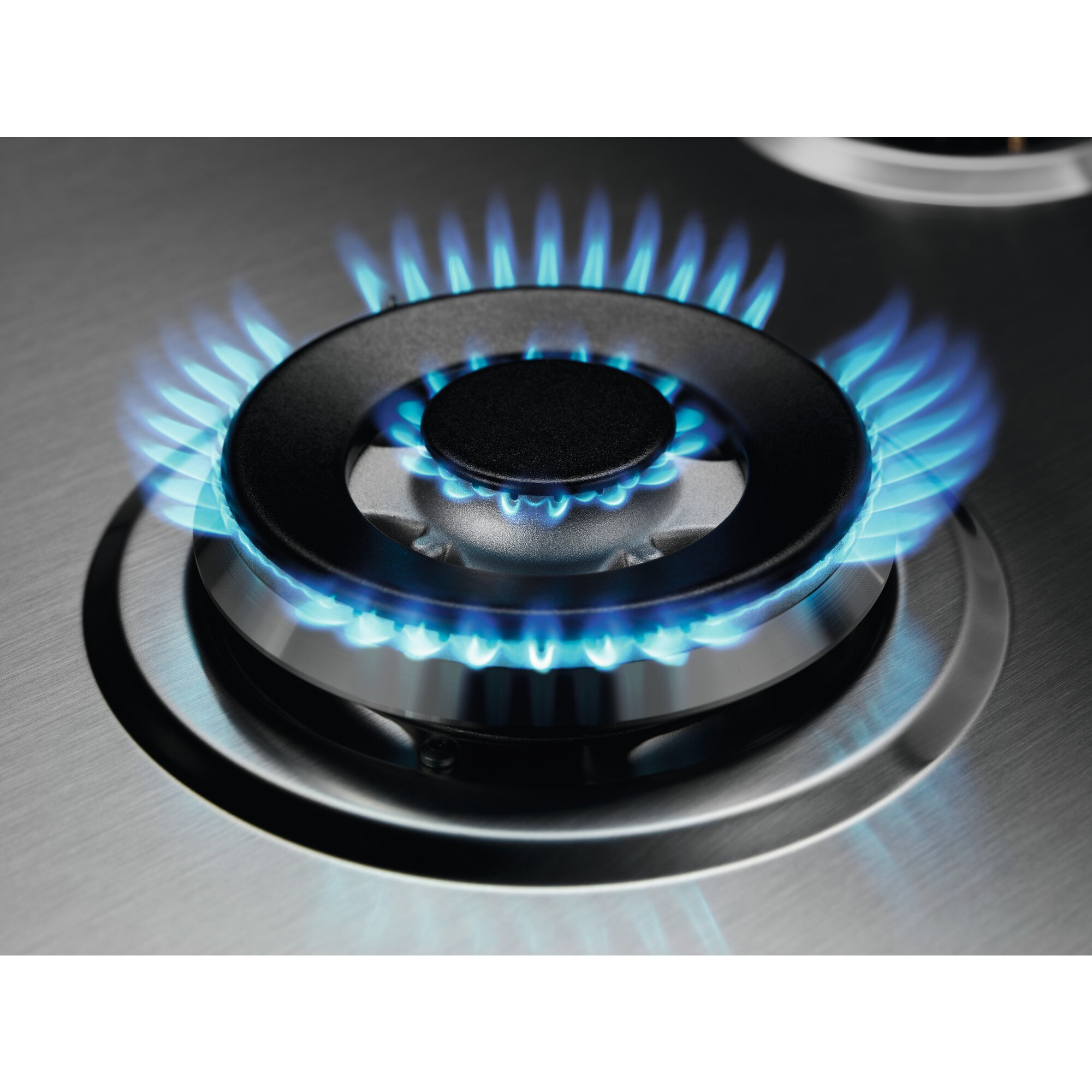 Primo piano di un fornello a gas con fiamme blu. Il fornello è nero e argento, su una superficie metallica spazzolata.