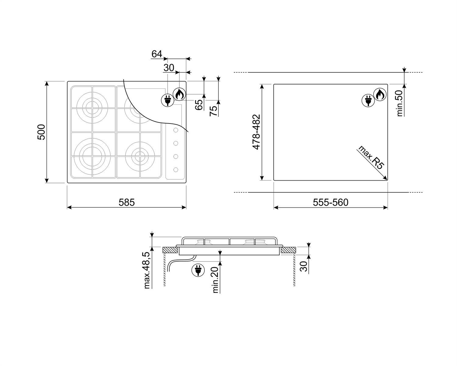 Rysunek techniczny płyty gazowej. Wymiary i szczegóły wycięcia przedstawione z pomiarami w milimetrach.