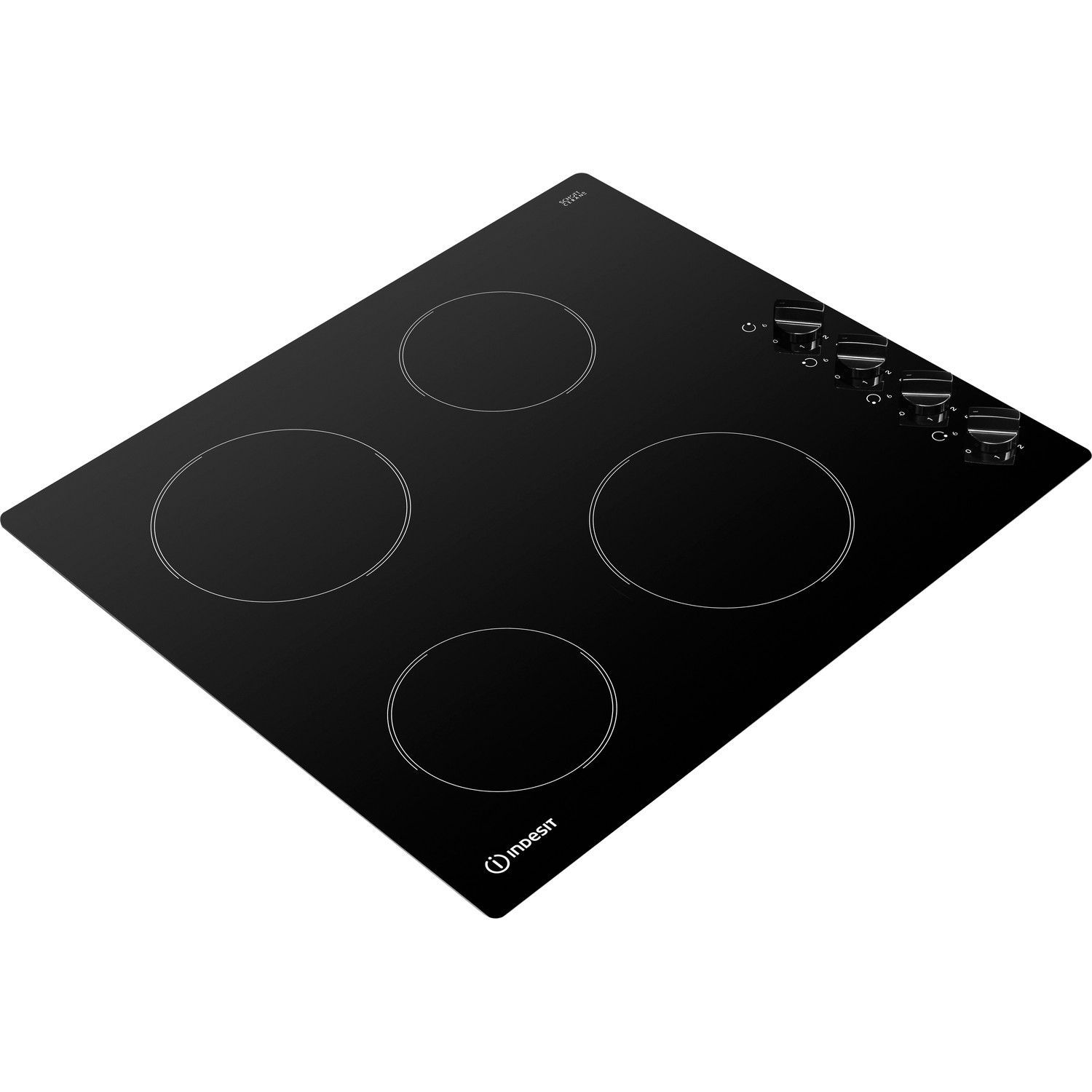 Una placa de inducción negra Indesit con cuatro quemadores. Mandos a la derecha. La superficie es brillante.