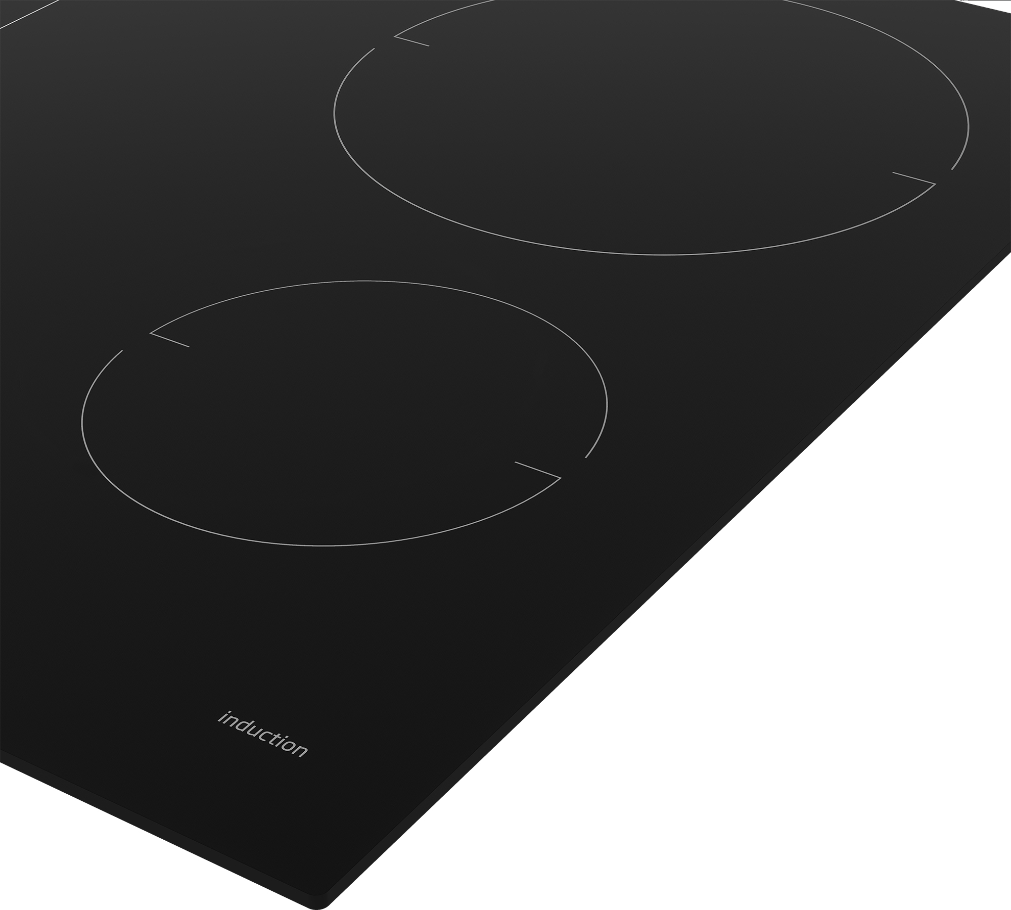 A black induction cooktop with two circular cooking zones and the word 'induction' printed on the surface.
